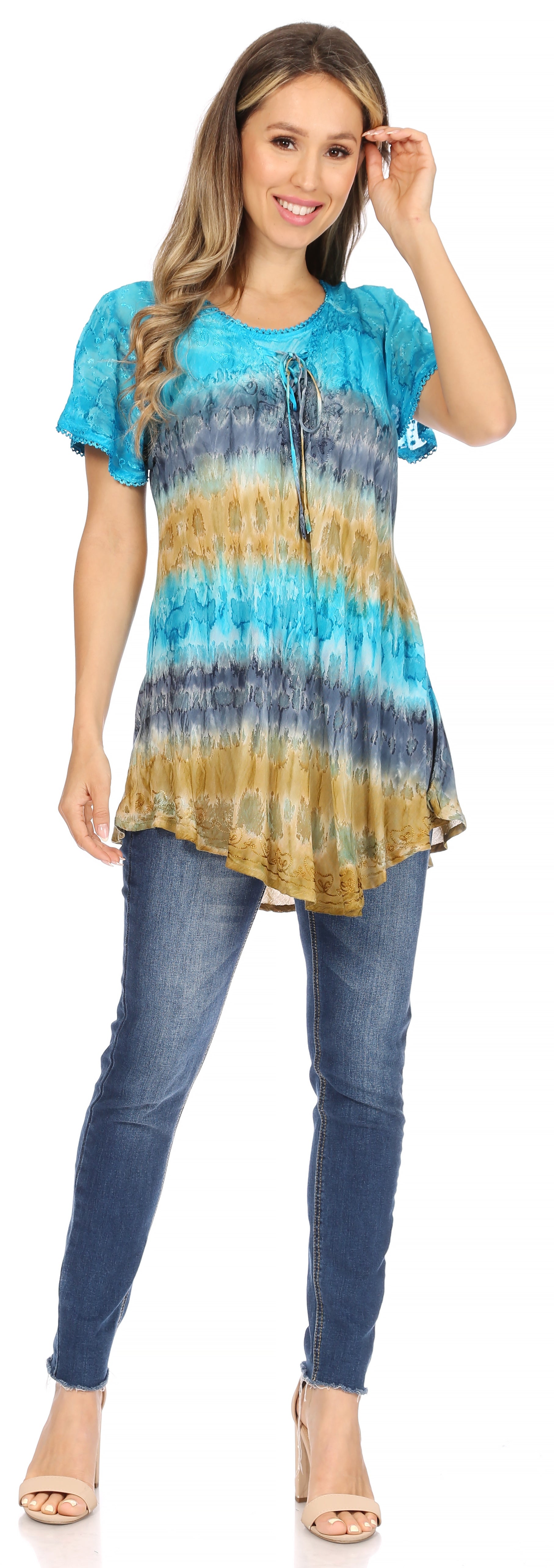 Sakkas - Monet Long Tall Tie Dye Ombre Embroidered Cap Sleeve Blouse