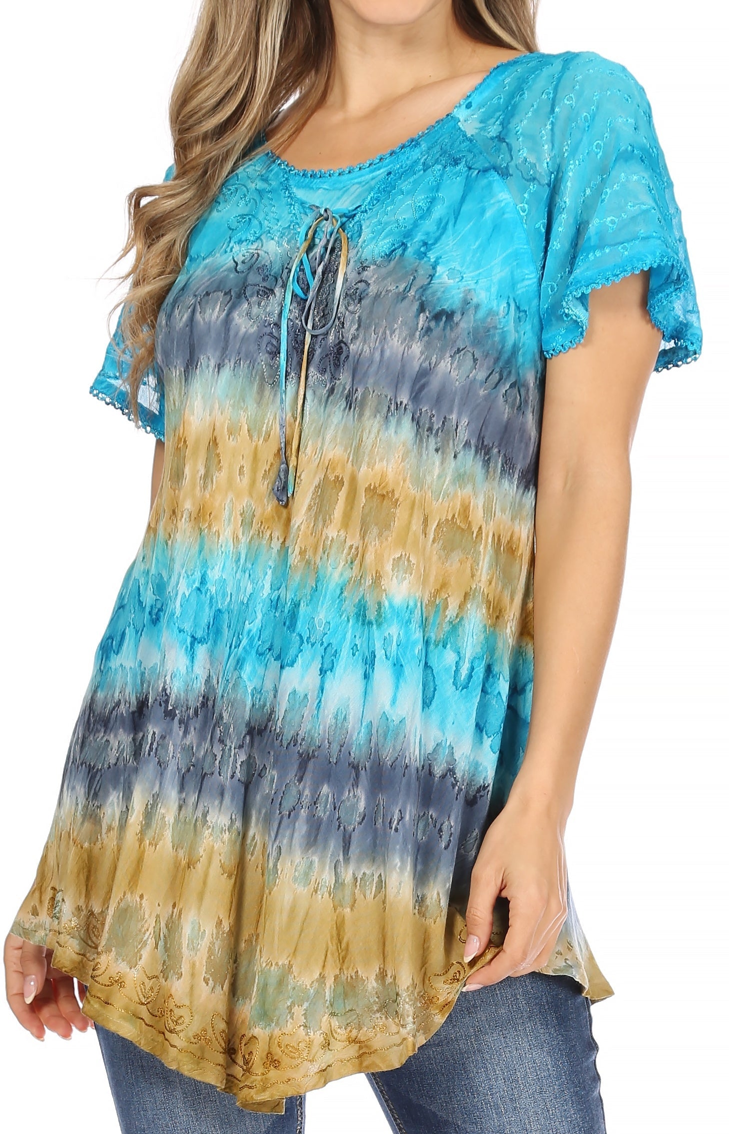 Sakkas - Monet Long Tall Tie Dye Ombre Embroidered Cap Sleeve Blouse