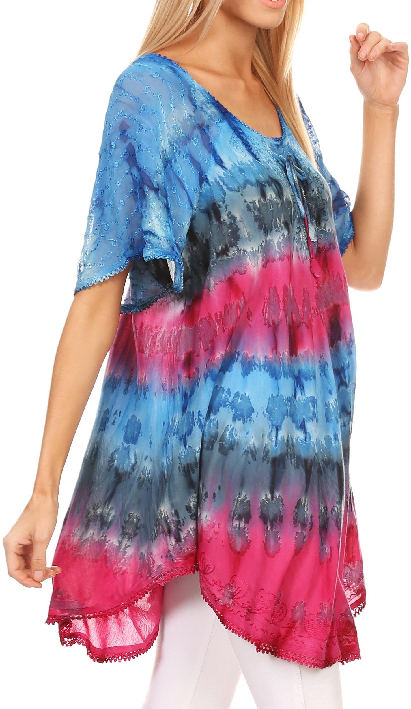 Sakkas - Monet Long Tall Tie Dye Ombre Embroidered Cap Sleeve Blouse