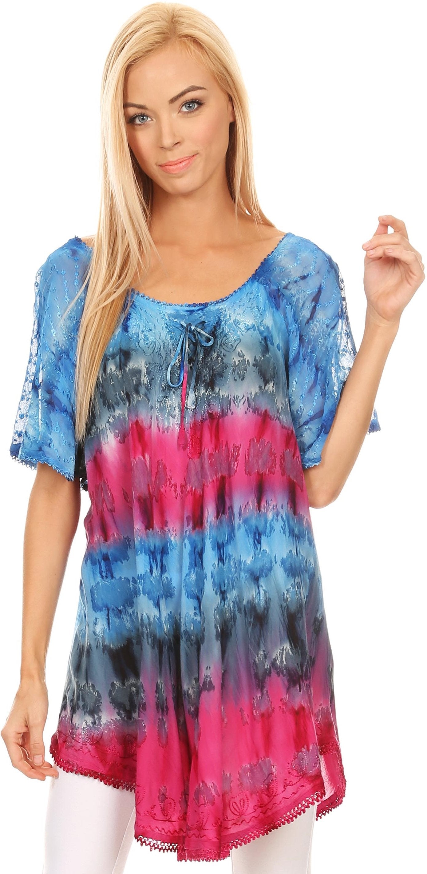 Sakkas - Monet Long Tall Tie Dye Ombre Embroidered Cap Sleeve Blouse