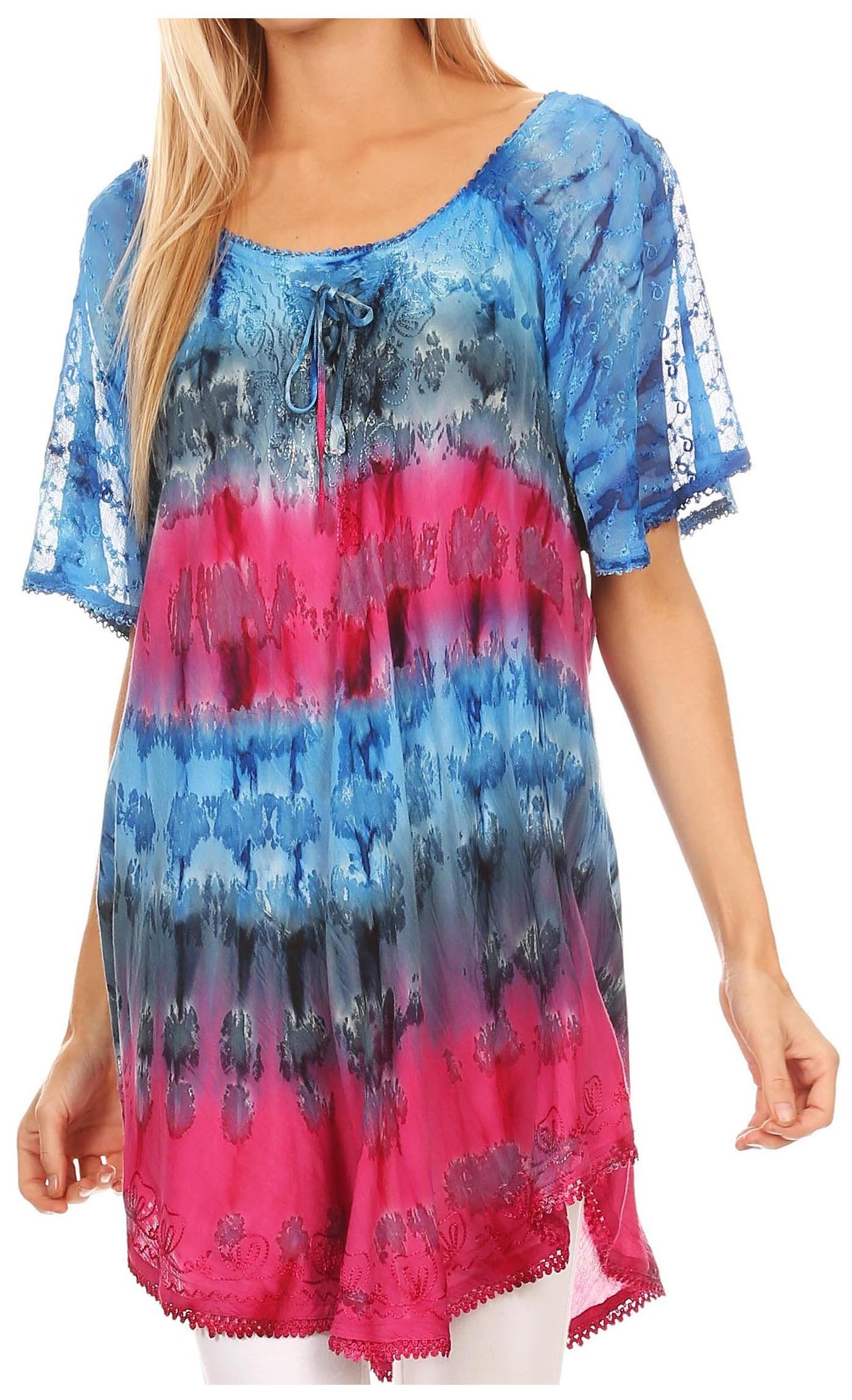 Sakkas - Monet Long Tall Tie Dye Ombre Embroidered Cap Sleeve Blouse
