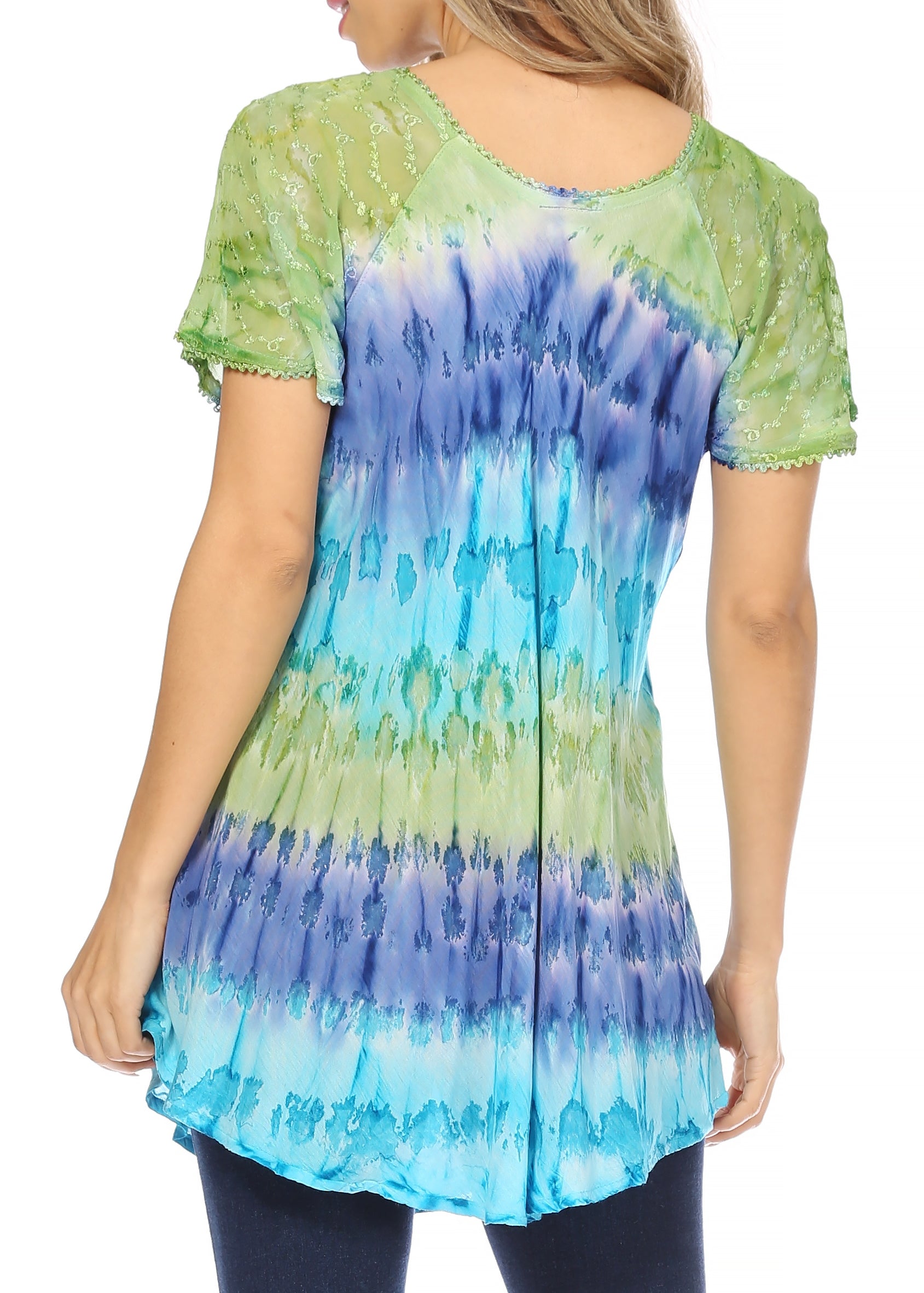 Sakkas - Monet Long Tall Tie Dye Ombre Embroidered Cap Sleeve Blouse