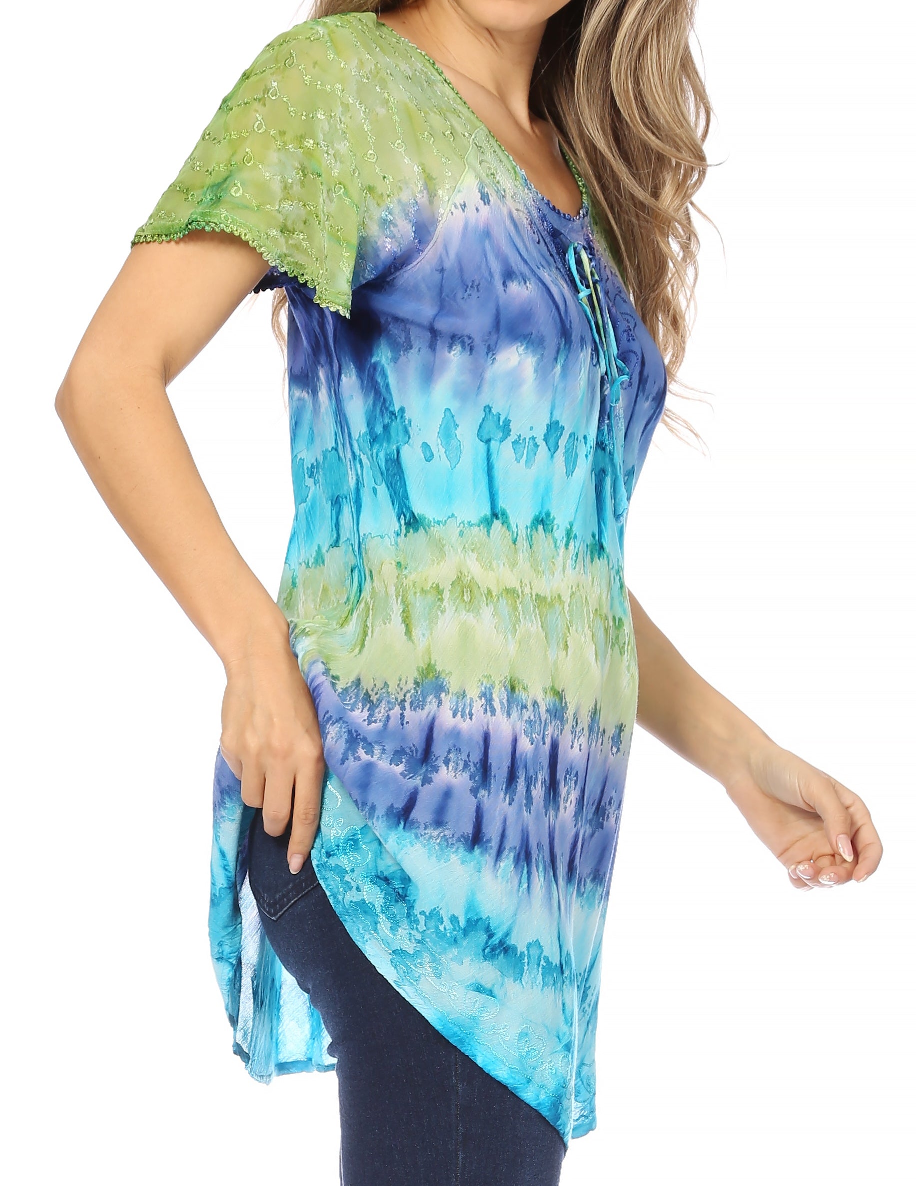 Sakkas - Monet Long Tall Tie Dye Ombre Embroidered Cap Sleeve Blouse