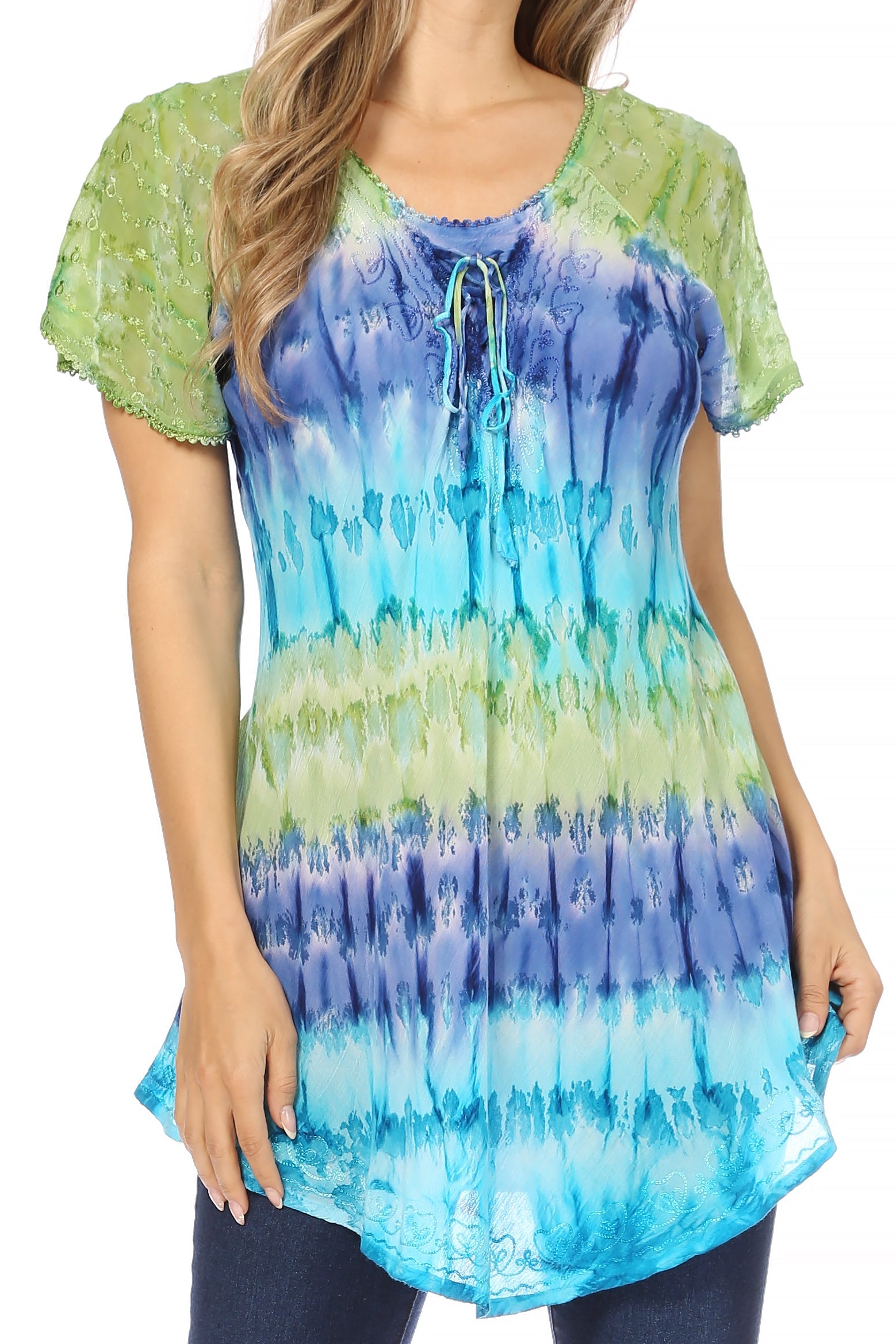 Sakkas - Monet Long Tall Tie Dye Ombre Embroidered Cap Sleeve Blouse