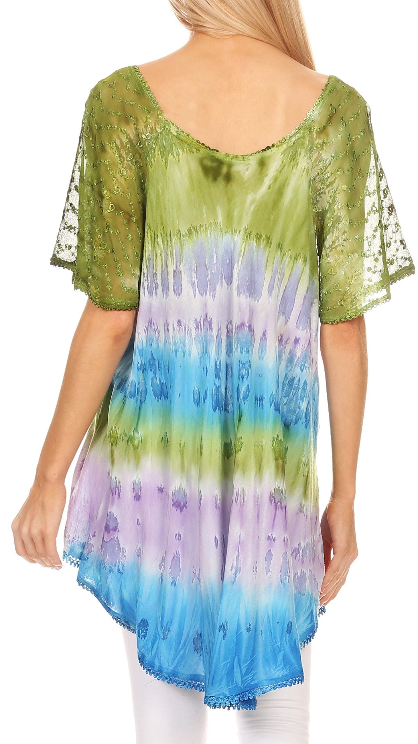 Sakkas - Monet Long Tall Tie Dye Ombre Embroidered Cap Sleeve Blouse