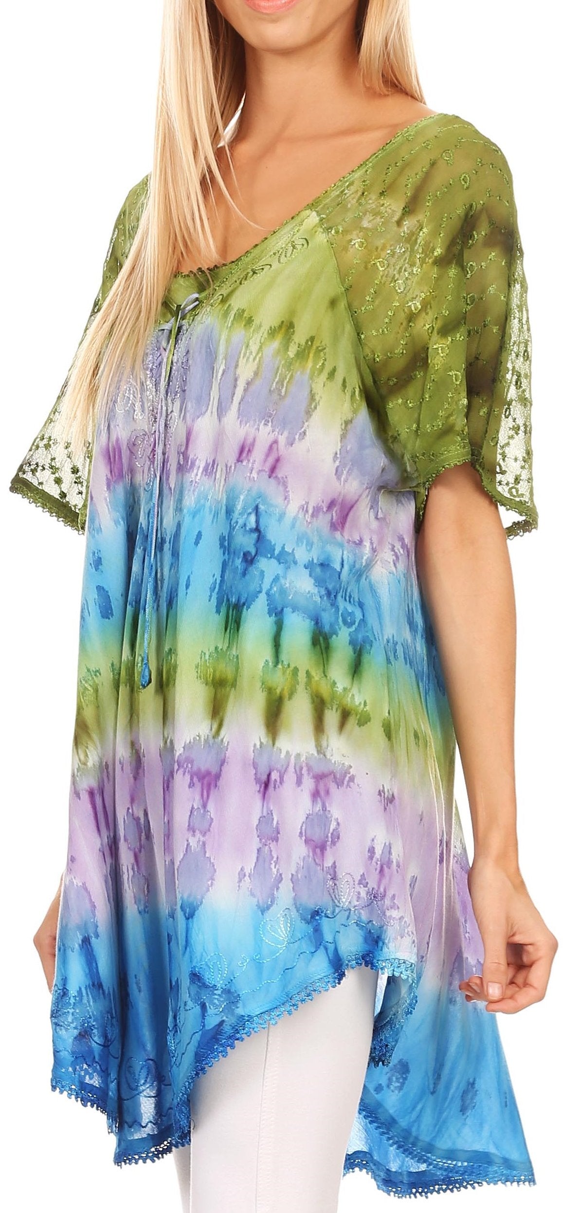 Sakkas - Monet Long Tall Tie Dye Ombre Embroidered Cap Sleeve Blouse