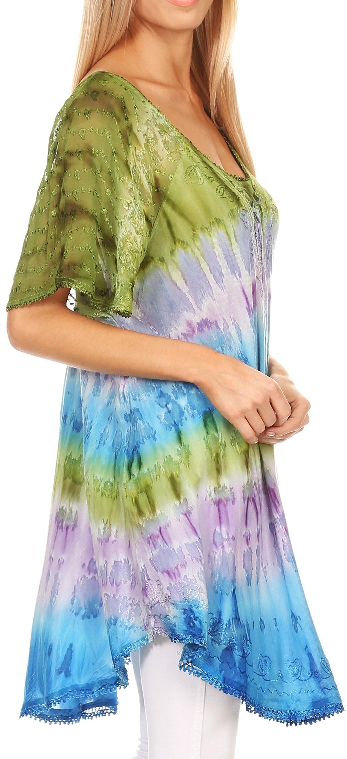 Sakkas - Monet Long Tall Tie Dye Ombre Embroidered Cap Sleeve Blouse