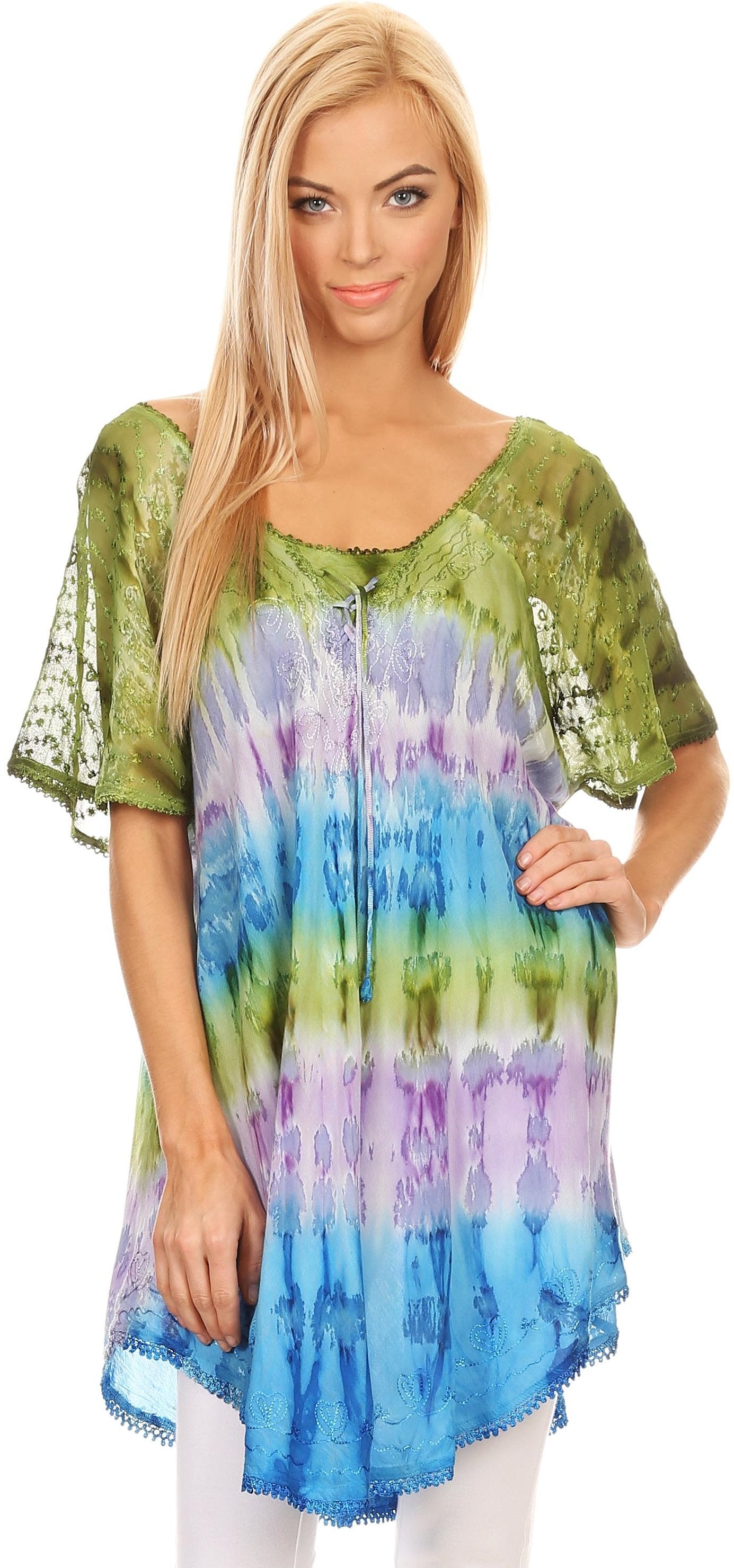 Sakkas - Monet Long Tall Tie Dye Ombre Embroidered Cap Sleeve Blouse