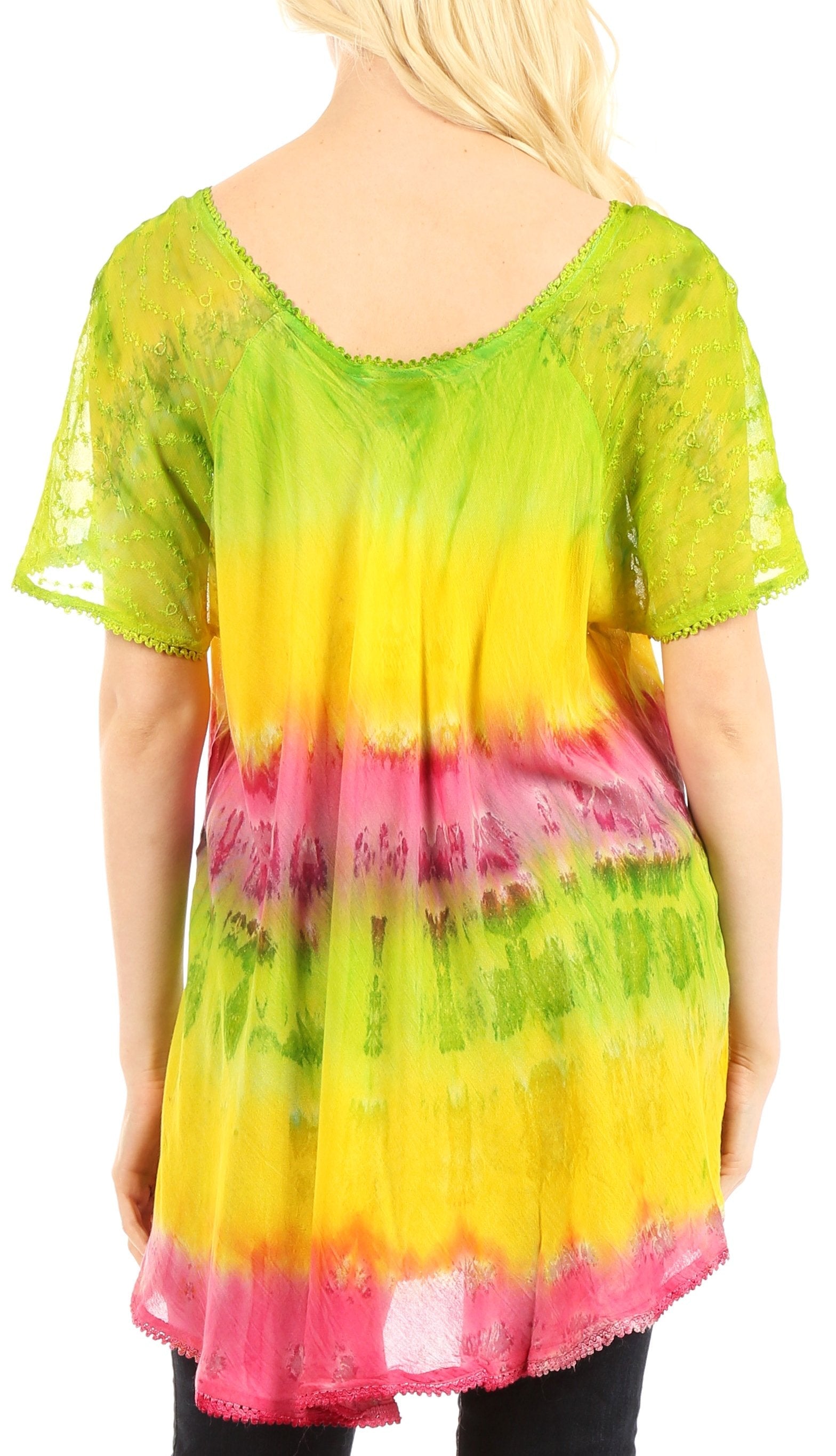 Sakkas - Monet Long Tall Tie Dye Ombre Embroidered Cap Sleeve Blouse