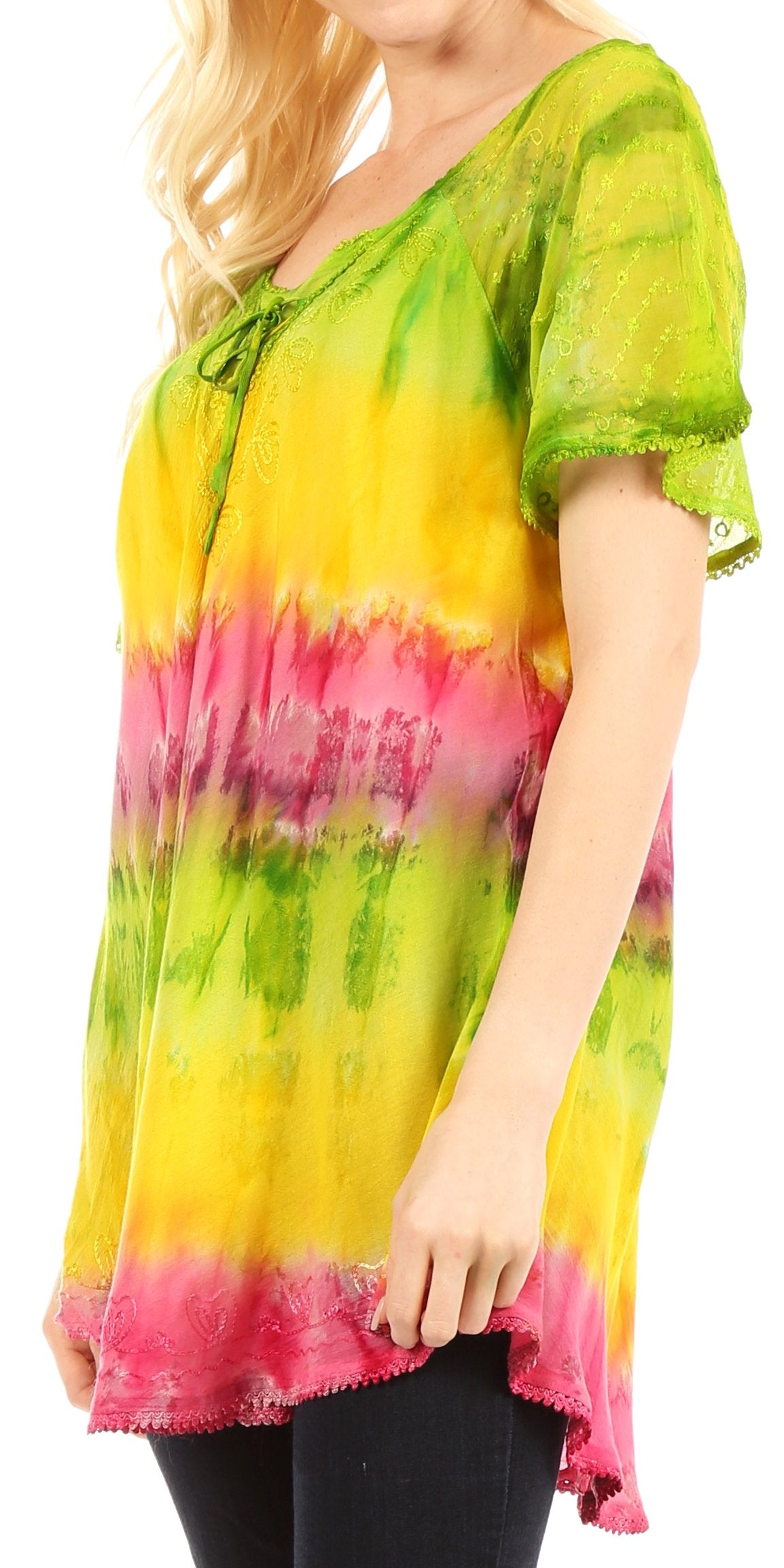 Sakkas - Monet Long Tall Tie Dye Ombre Embroidered Cap Sleeve Blouse