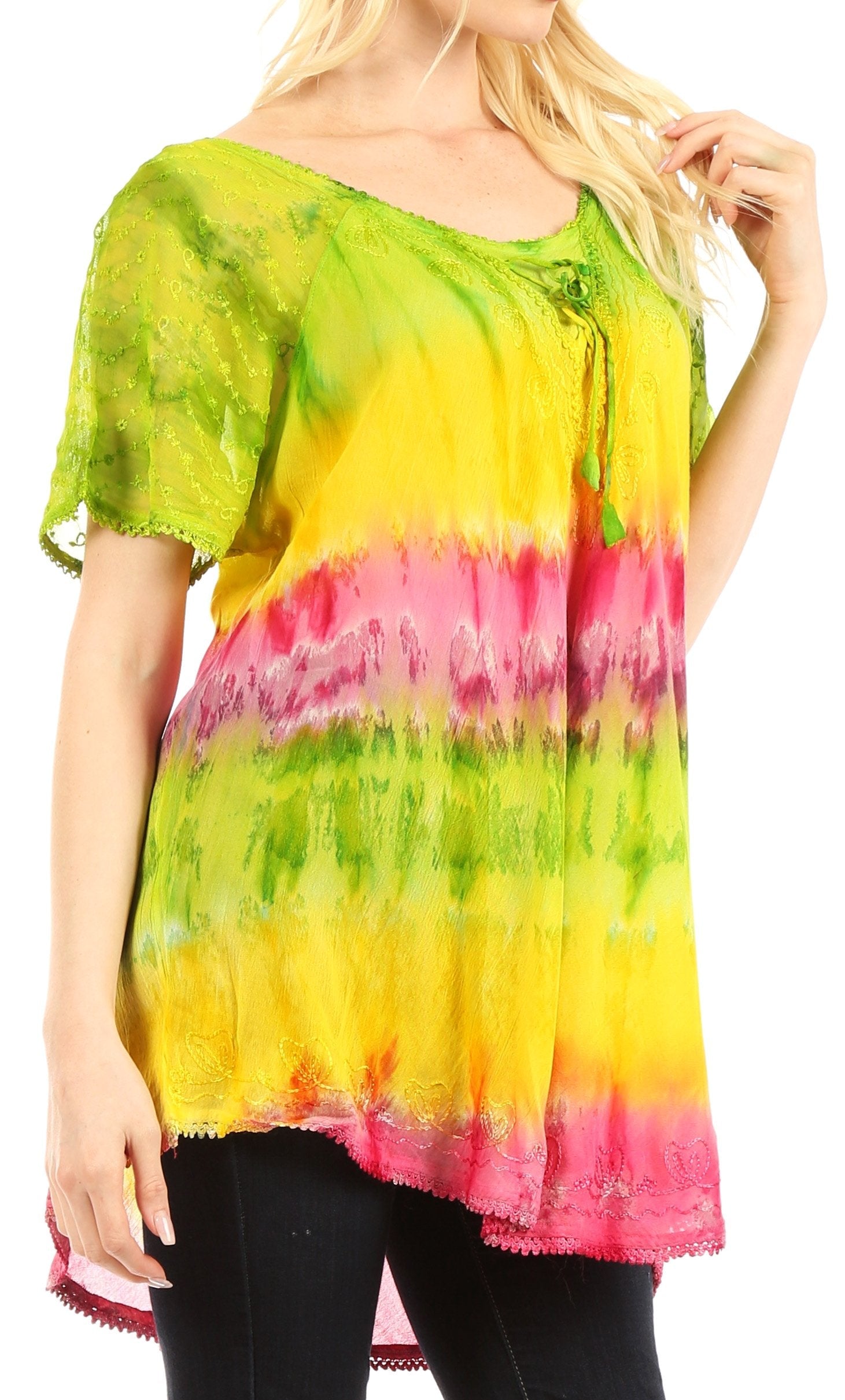Sakkas - Monet Long Tall Tie Dye Ombre Embroidered Cap Sleeve Blouse