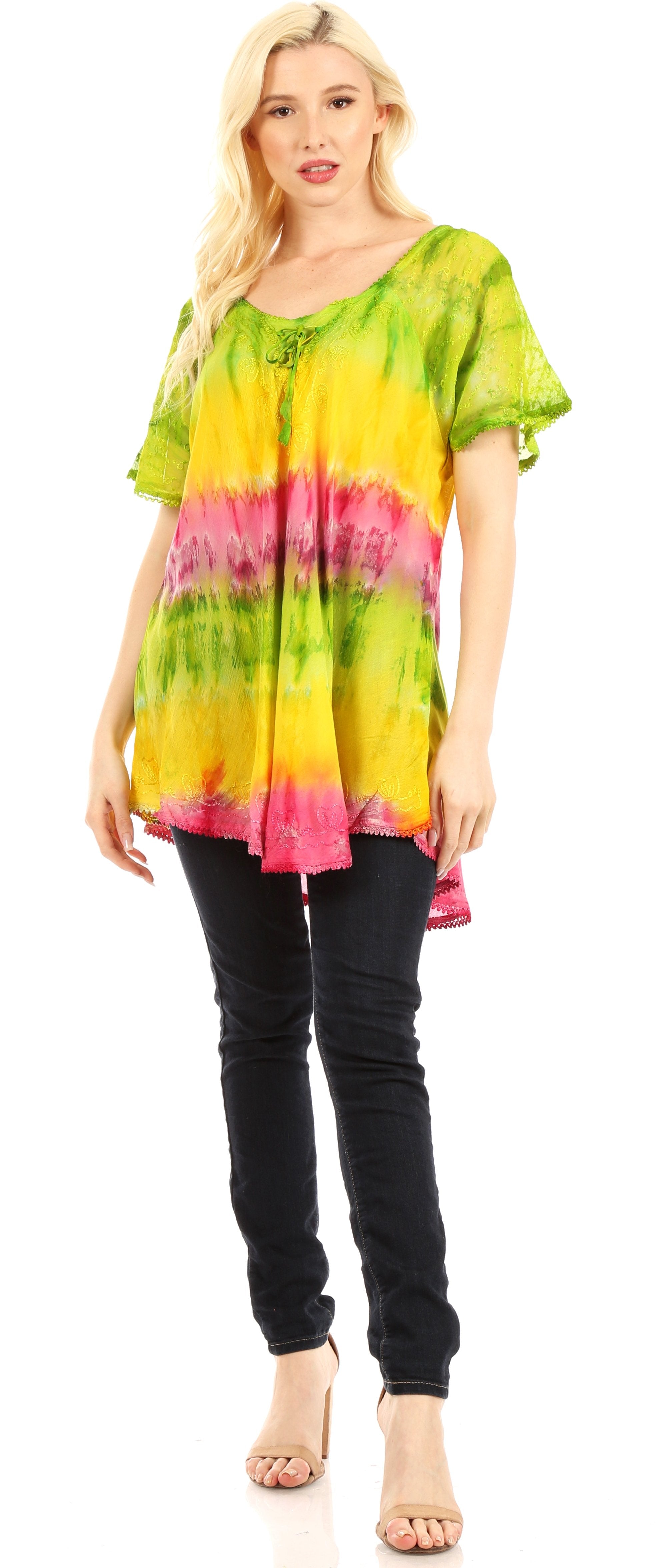 Sakkas - Monet Long Tall Tie Dye Ombre Embroidered Cap Sleeve Blouse