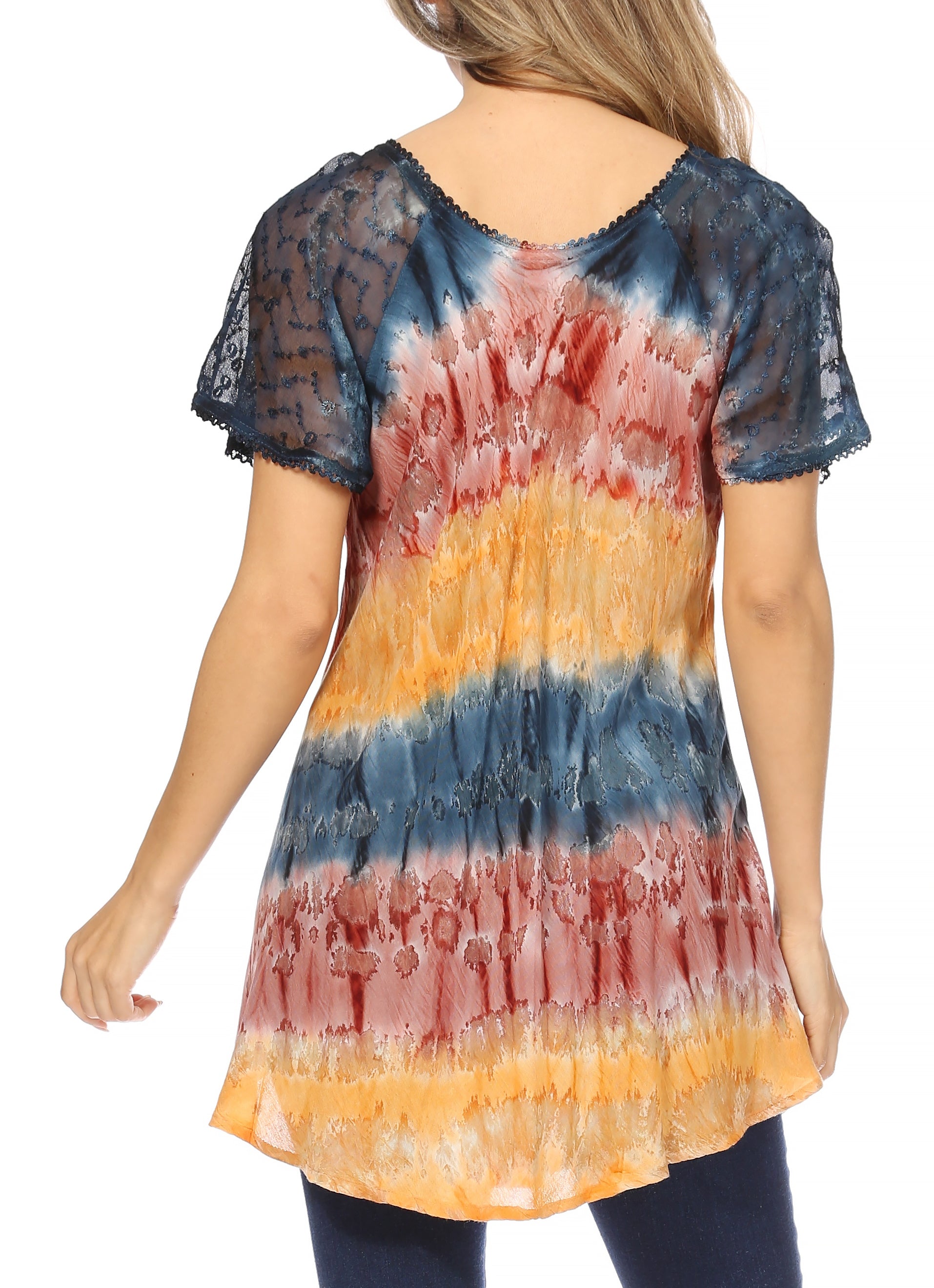 Sakkas - Monet Long Tall Tie Dye Ombre Embroidered Cap Sleeve Blouse