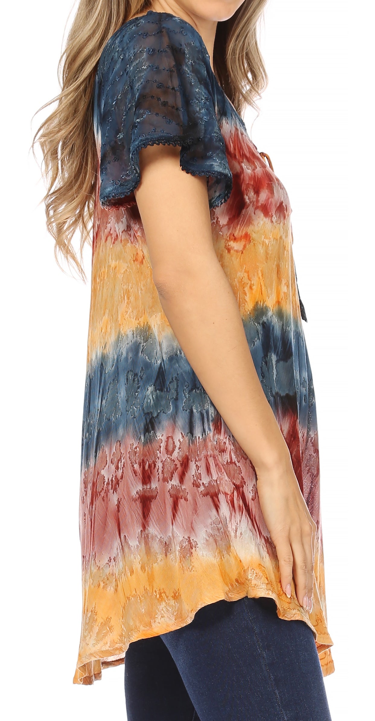 Sakkas - Monet Long Tall Tie Dye Ombre Embroidered Cap Sleeve Blouse