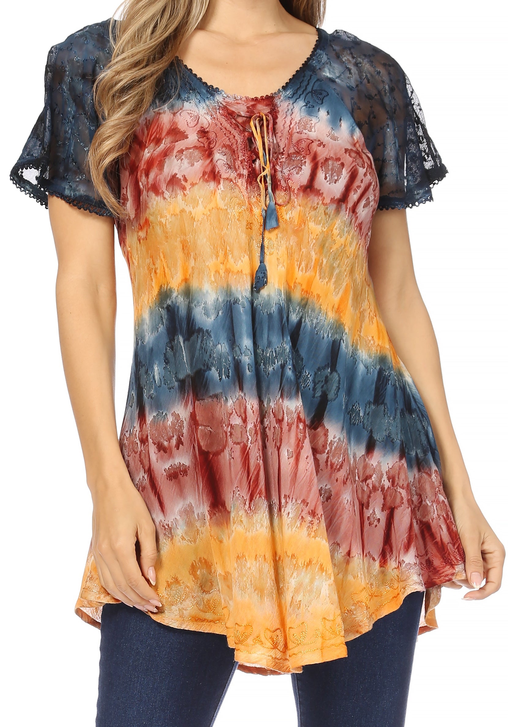 Sakkas - Monet Long Tall Tie Dye Ombre Embroidered Cap Sleeve Blouse