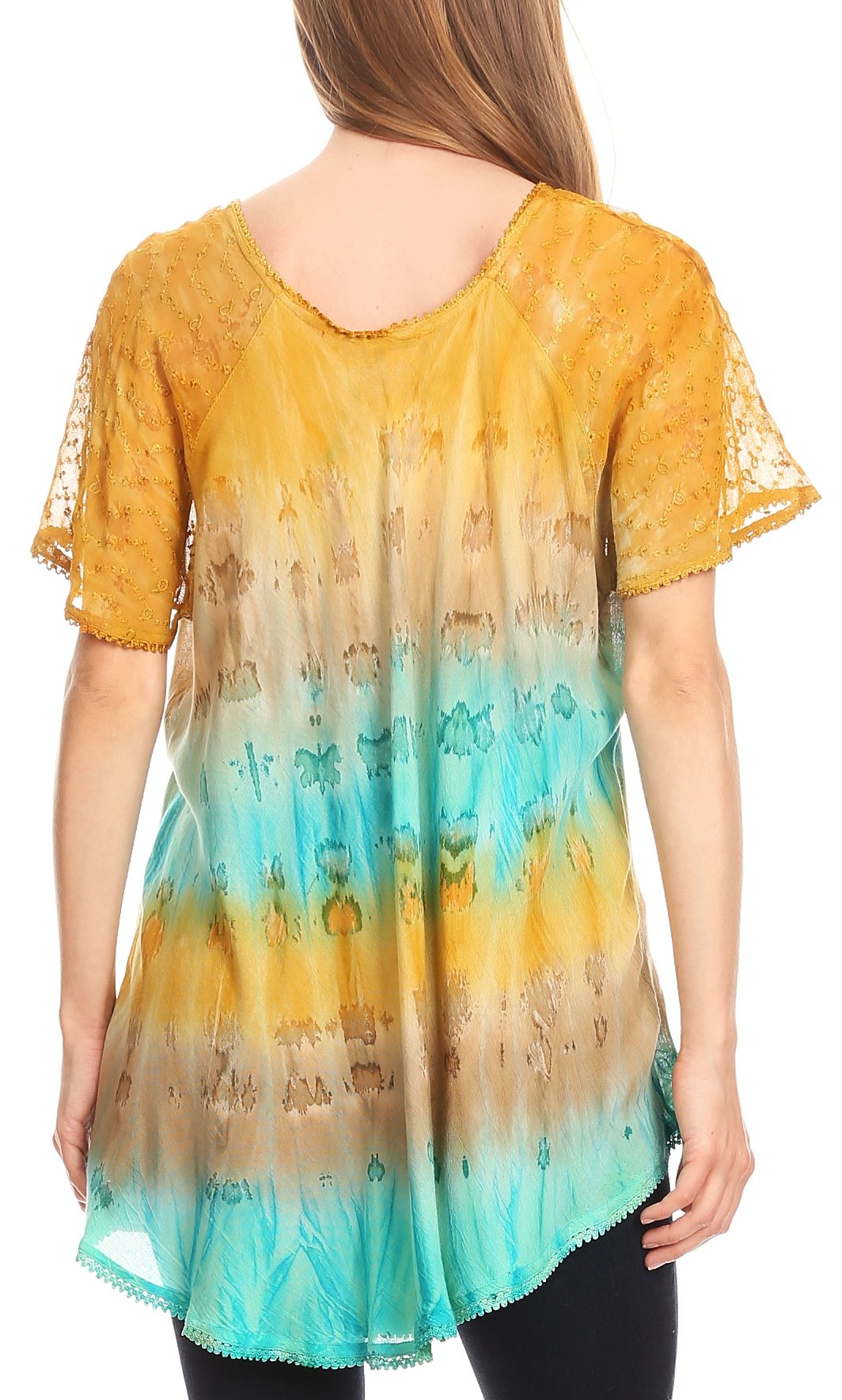 Sakkas - Monet Long Tall Tie Dye Ombre Embroidered Cap Sleeve Blouse