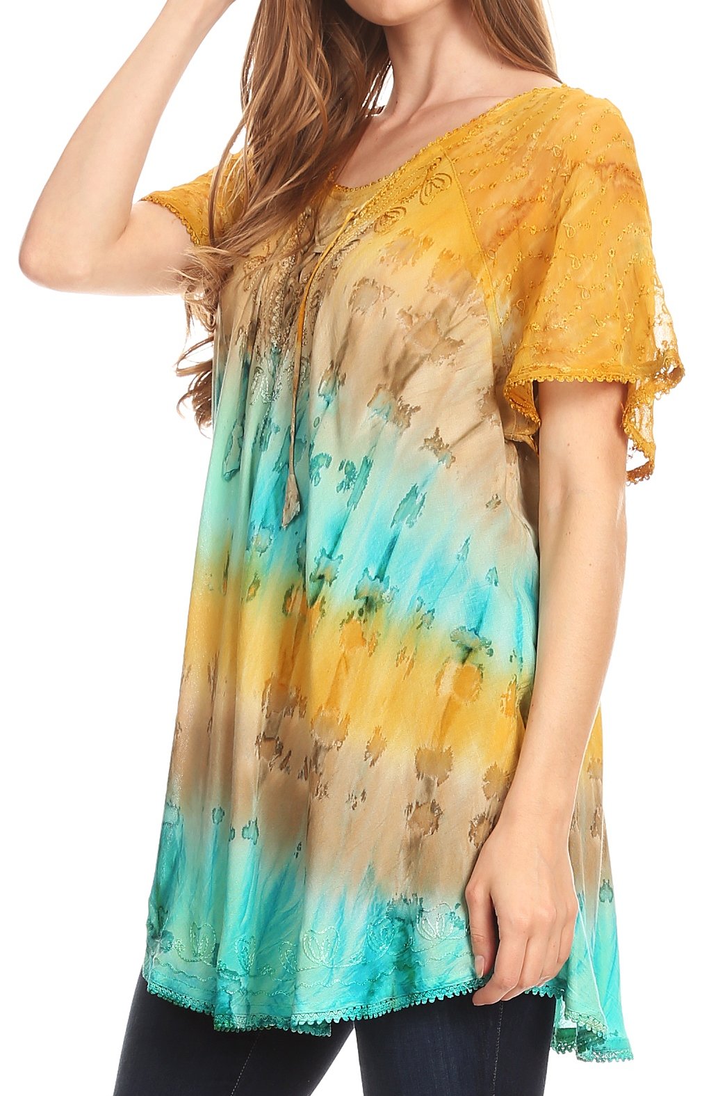 Sakkas - Monet Long Tall Tie Dye Ombre Embroidered Cap Sleeve Blouse