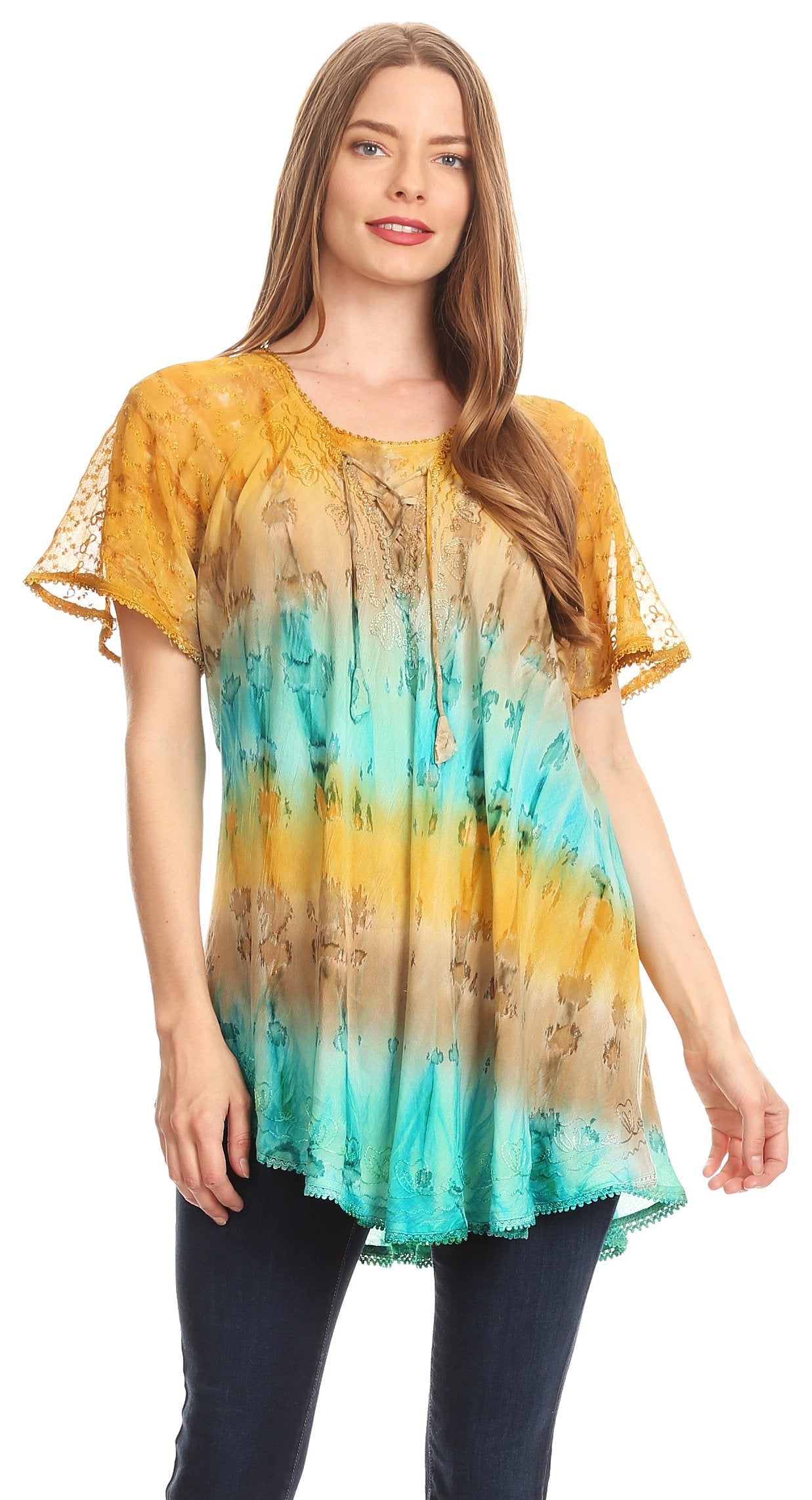 Sakkas - Monet Long Tall Tie Dye Ombre Embroidered Cap Sleeve Blouse