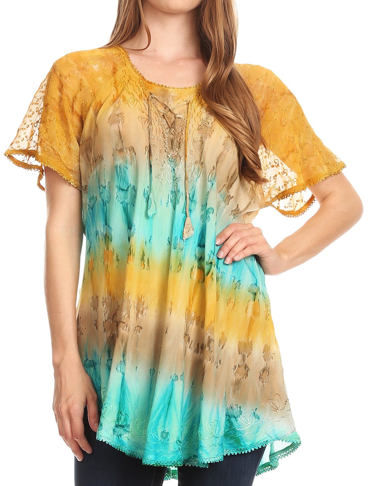 Sakkas - Monet Long Tall Tie Dye Ombre Embroidered Cap Sleeve Blouse