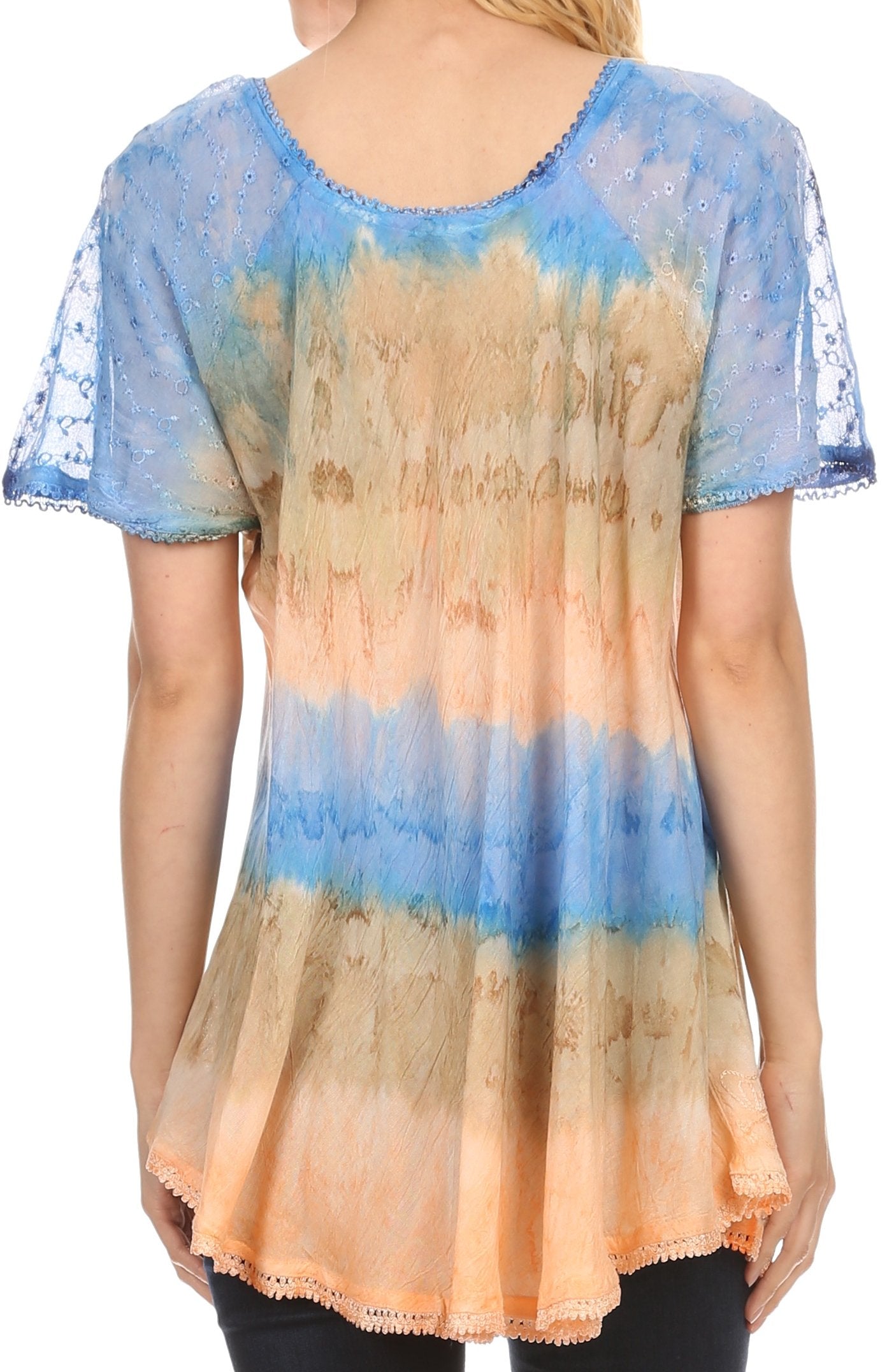 Sakkas - Monet Long Tall Tie Dye Ombre Embroidered Cap Sleeve Blouse