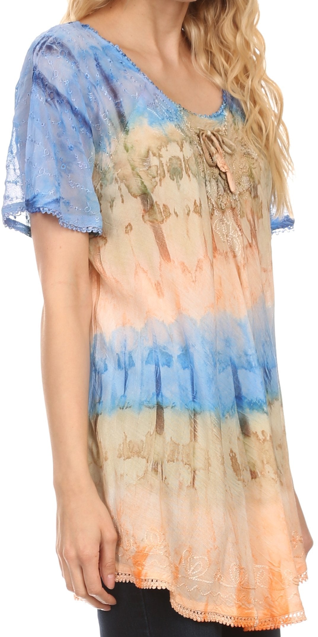 Sakkas - Monet Long Tall Tie Dye Ombre Embroidered Cap Sleeve Blouse
