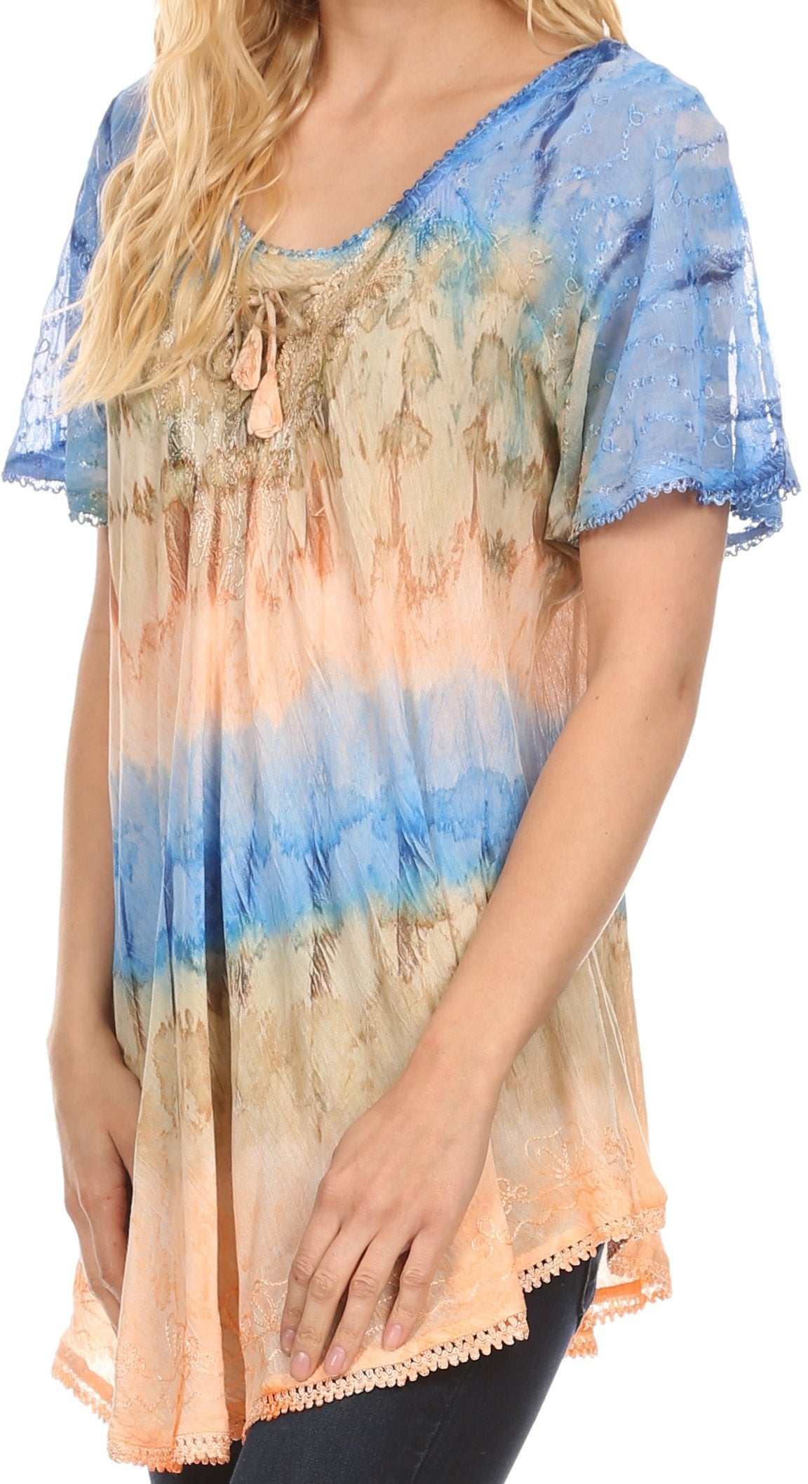 Sakkas - Monet Long Tall Tie Dye Ombre Embroidered Cap Sleeve Blouse
