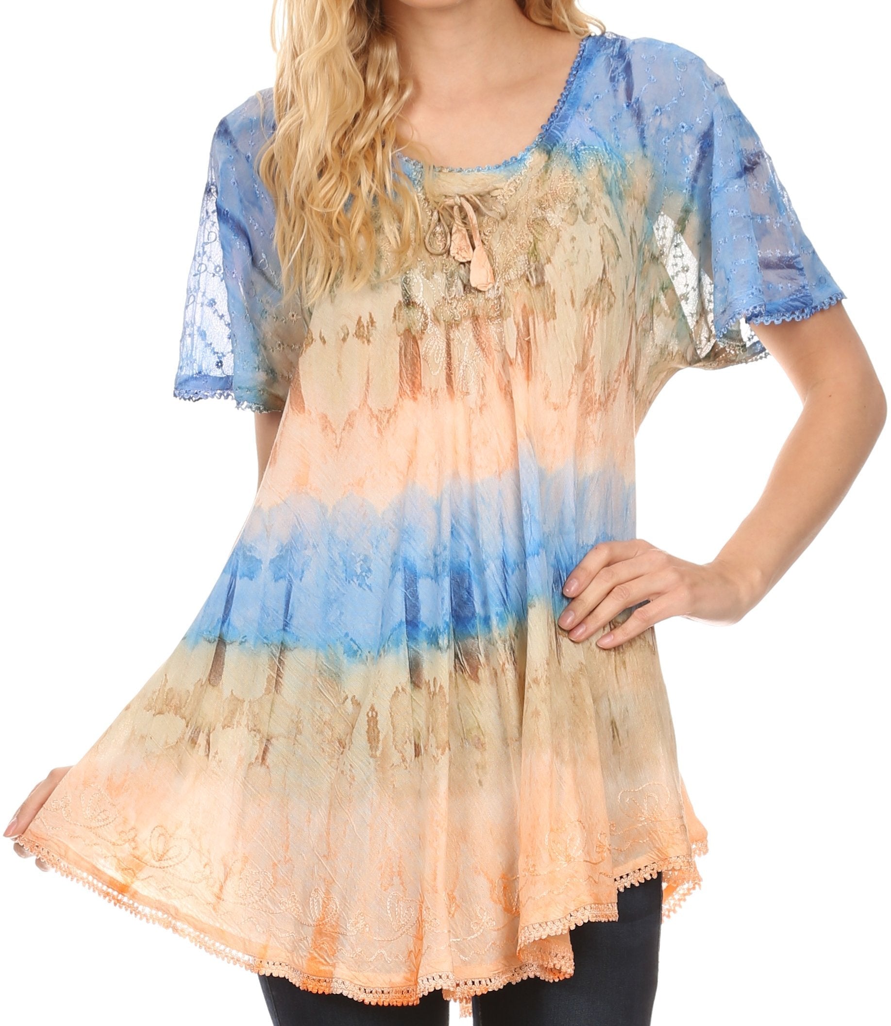 Sakkas - Monet Long Tall Tie Dye Ombre Embroidered Cap Sleeve Blouse