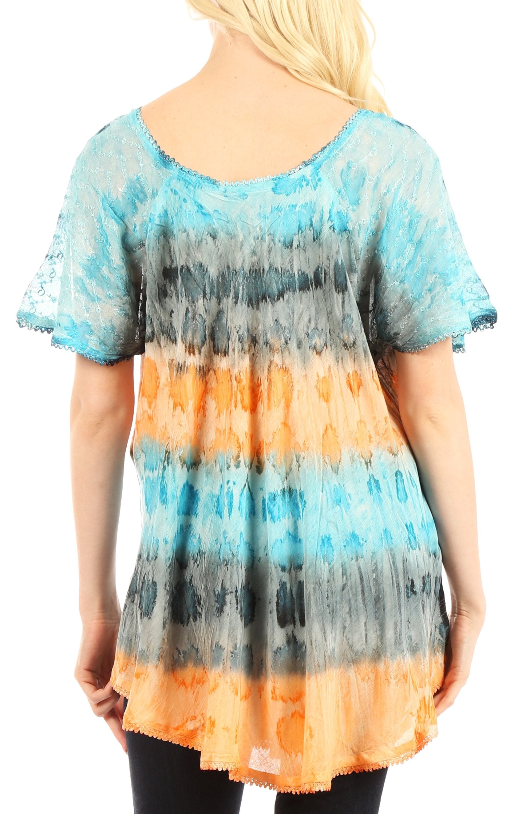 Sakkas - Monet Long Tall Tie Dye Ombre Embroidered Cap Sleeve Blouse