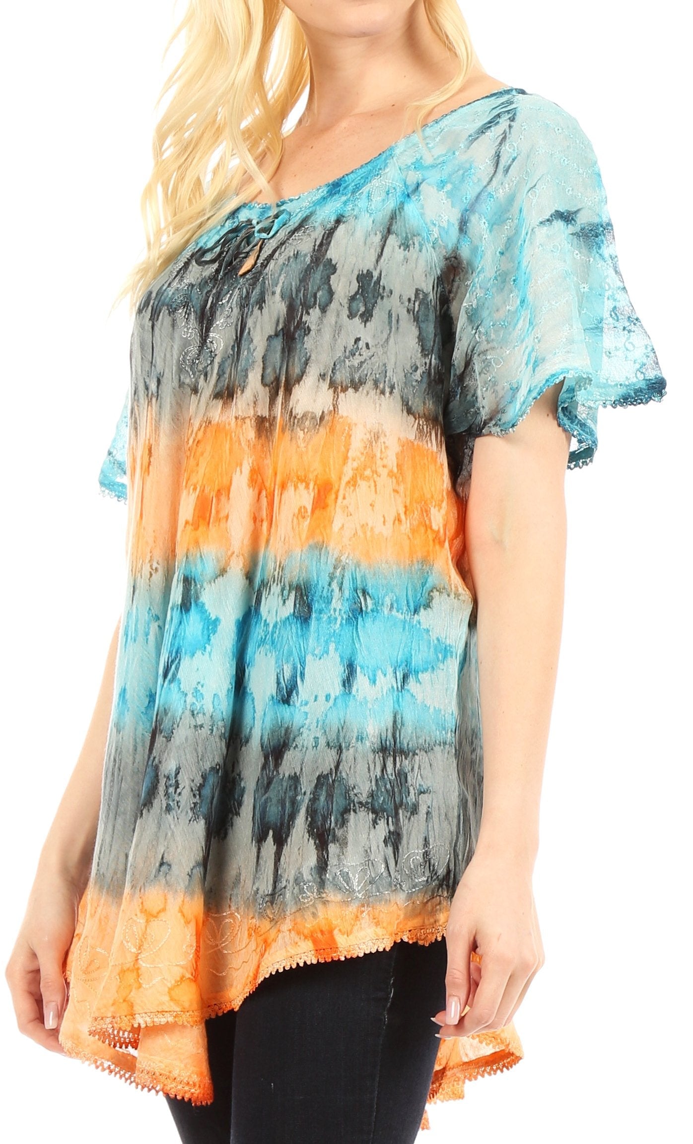 Sakkas - Monet Long Tall Tie Dye Ombre Embroidered Cap Sleeve Blouse