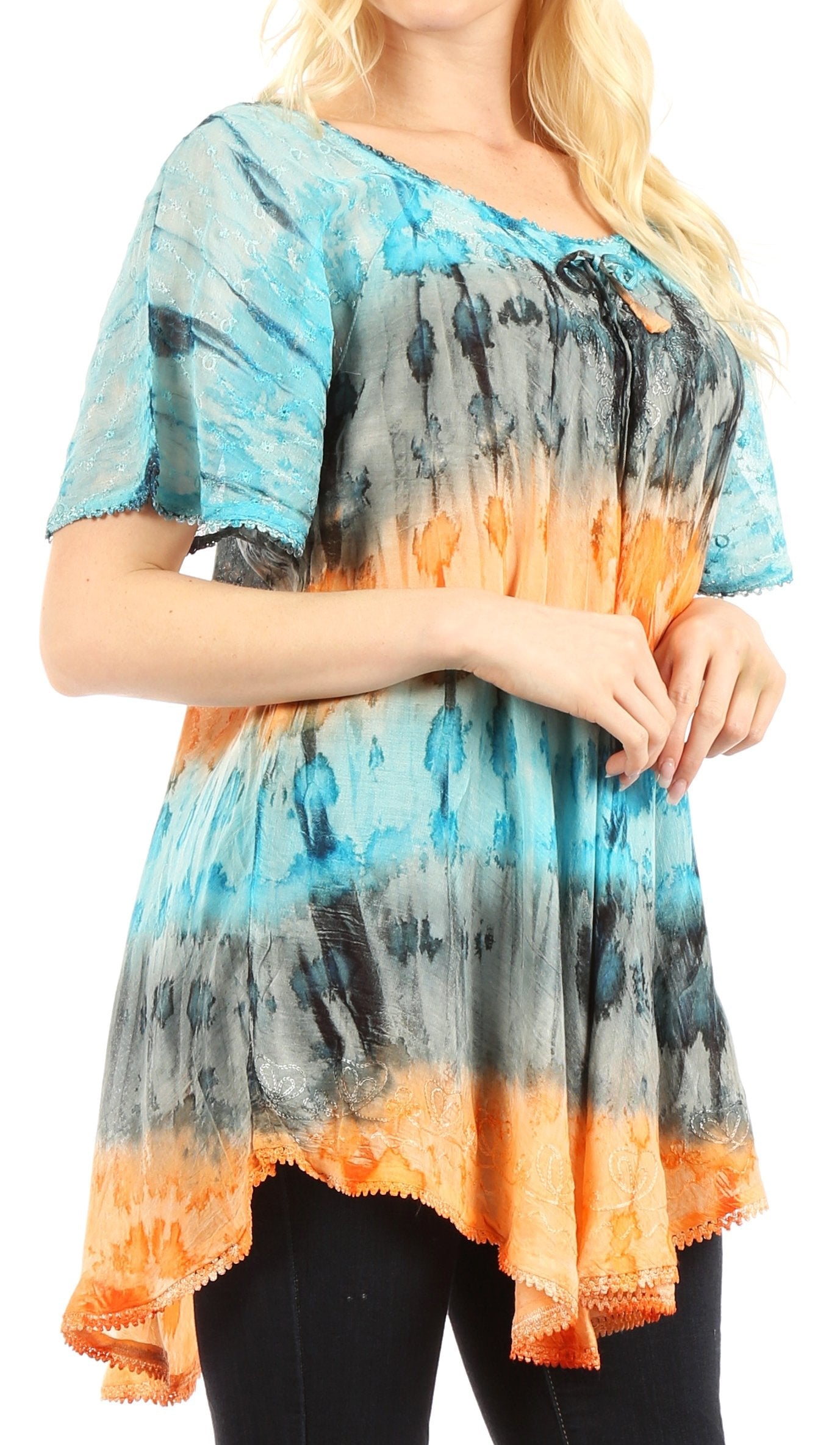 Sakkas - Monet Long Tall Tie Dye Ombre Embroidered Cap Sleeve Blouse