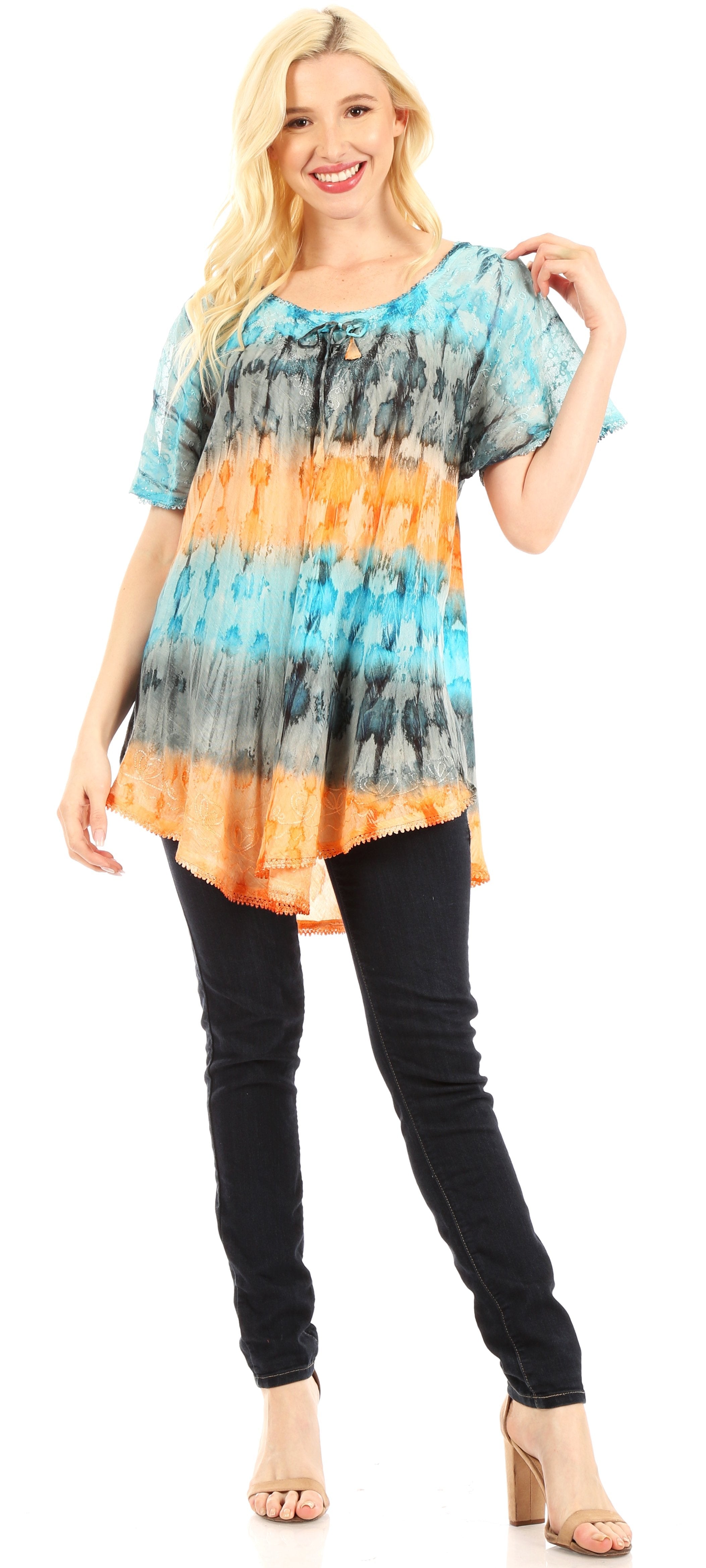 Sakkas - Monet Long Tall Tie Dye Ombre Embroidered Cap Sleeve Blouse