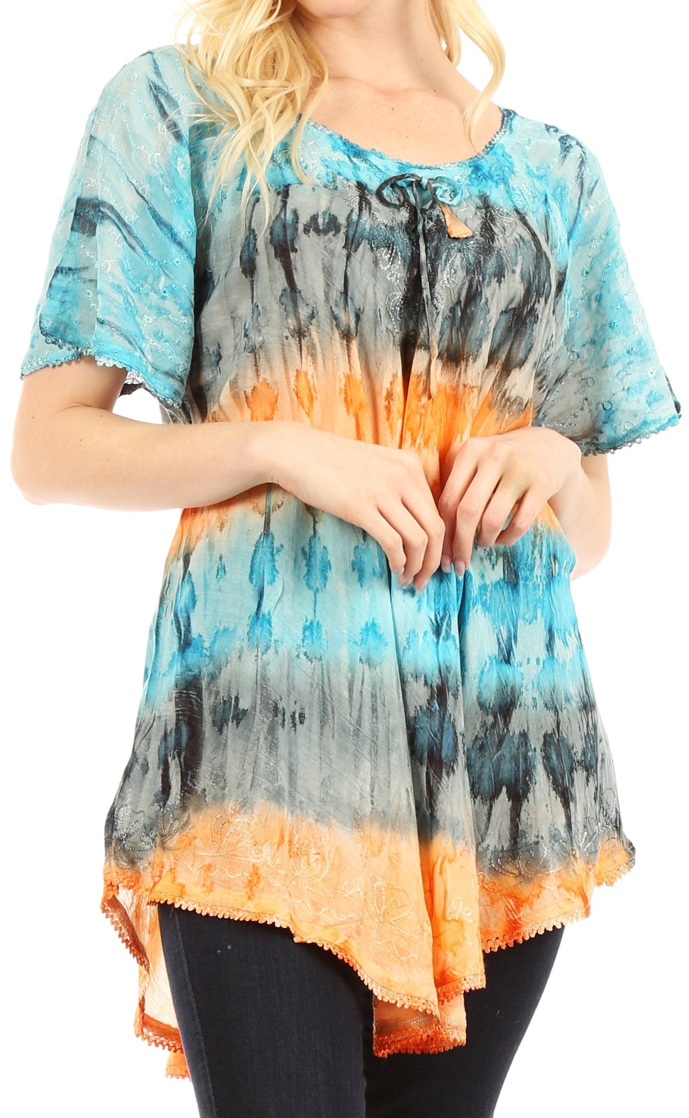 Sakkas - Monet Long Tall Tie Dye Ombre Embroidered Cap Sleeve Blouse
