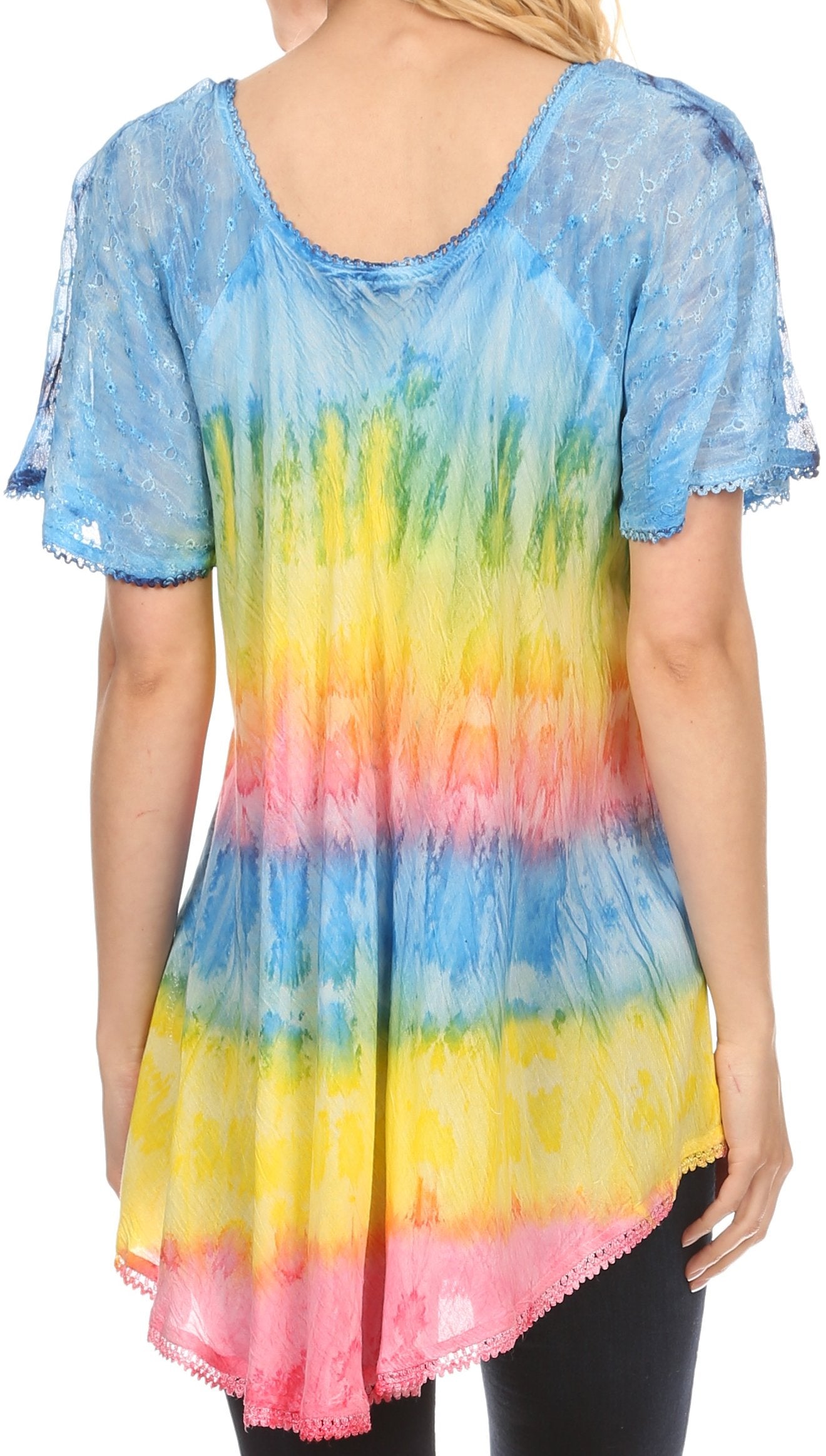 Sakkas - Monet Long Tall Tie Dye Ombre Embroidered Cap Sleeve Blouse