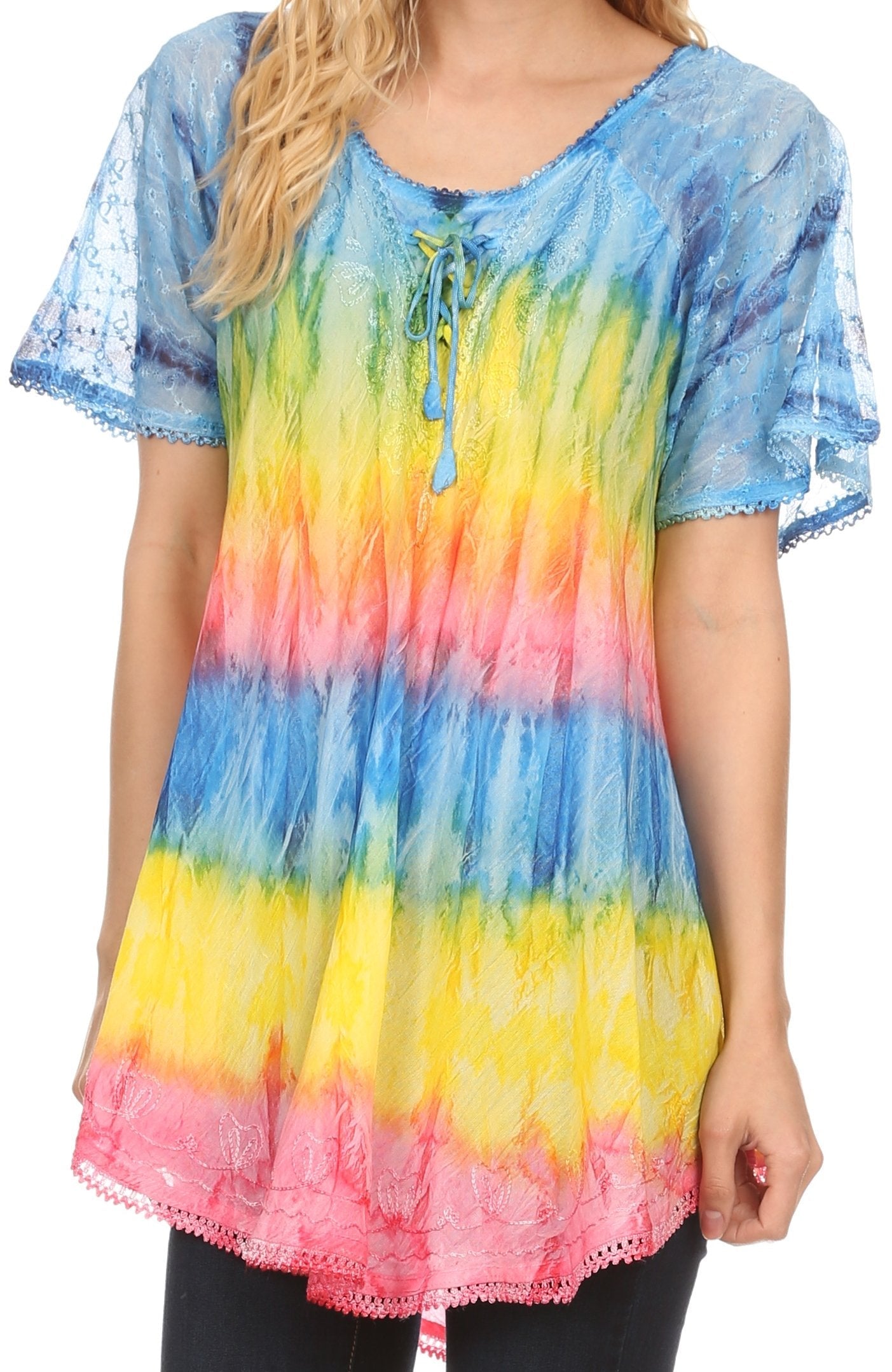 Sakkas - Monet Long Tall Tie Dye Ombre Embroidered Cap Sleeve Blouse