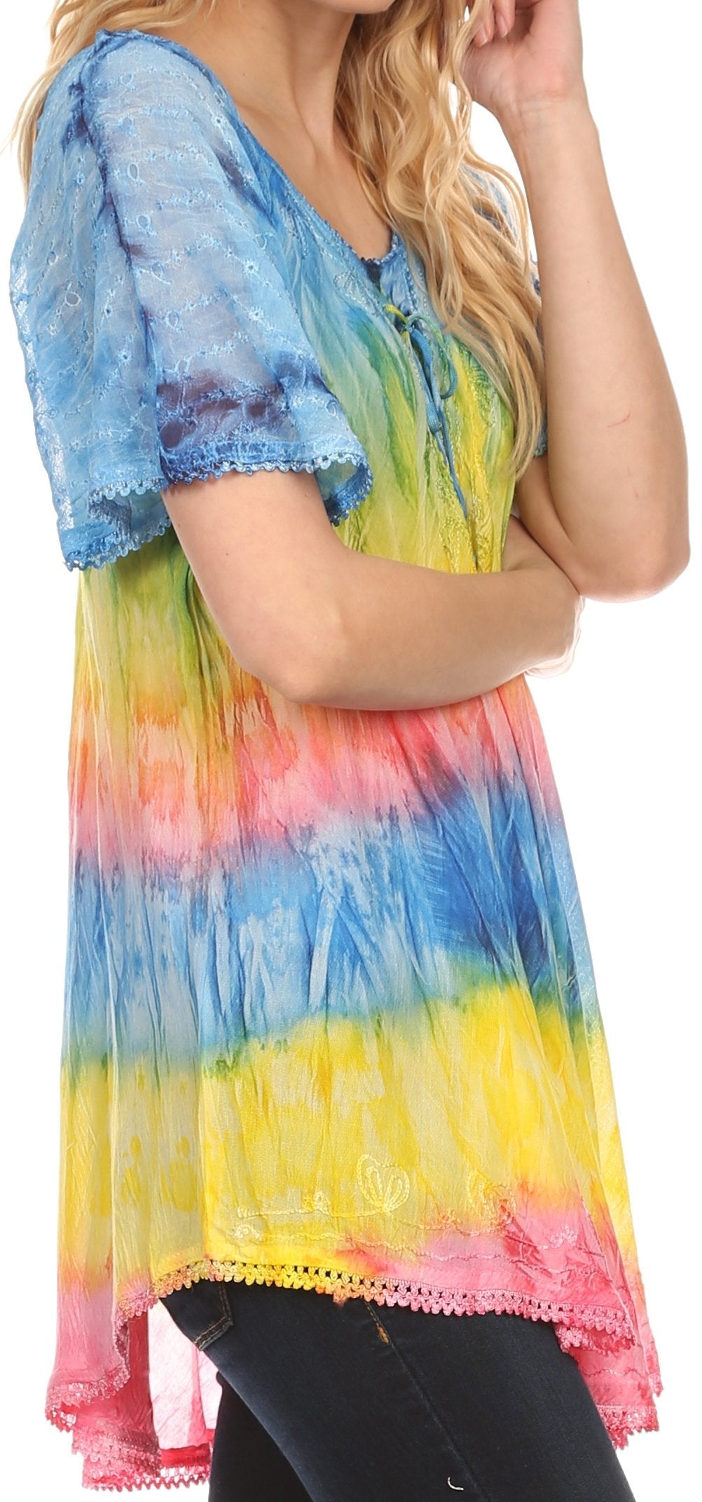 Sakkas - Monet Long Tall Tie Dye Ombre Embroidered Cap Sleeve Blouse