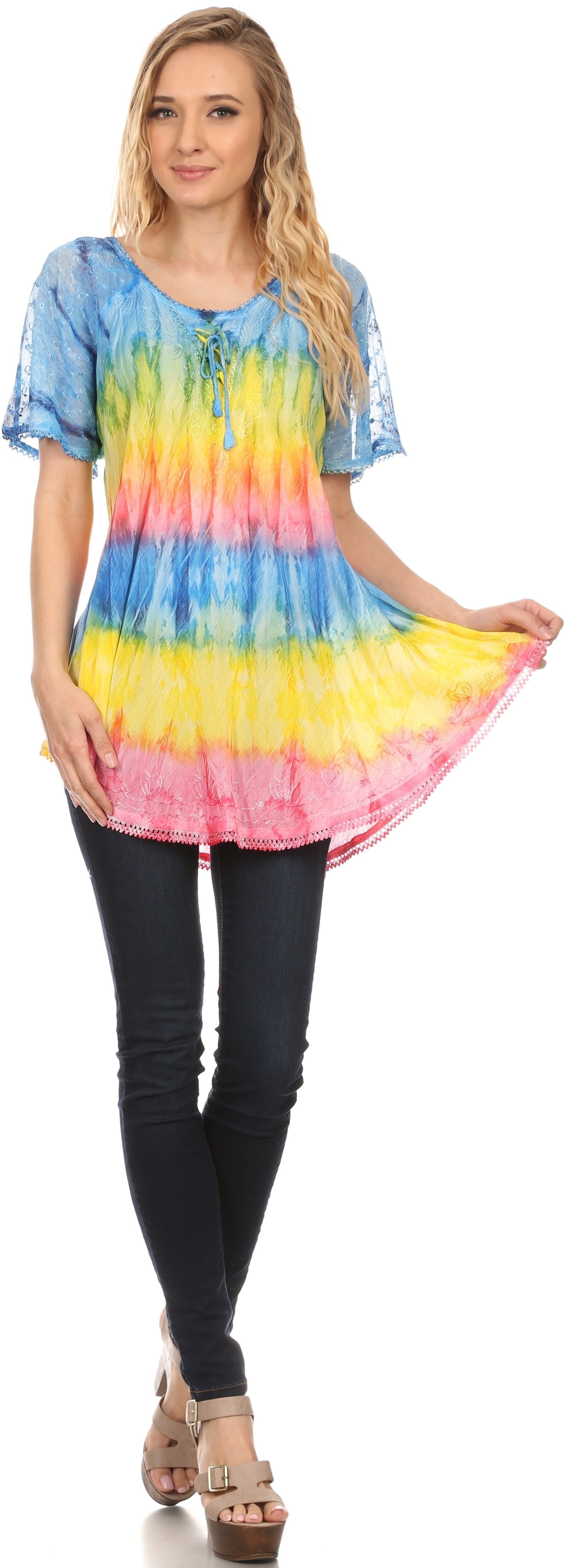 Sakkas - Monet Long Tall Tie Dye Ombre Embroidered Cap Sleeve Blouse