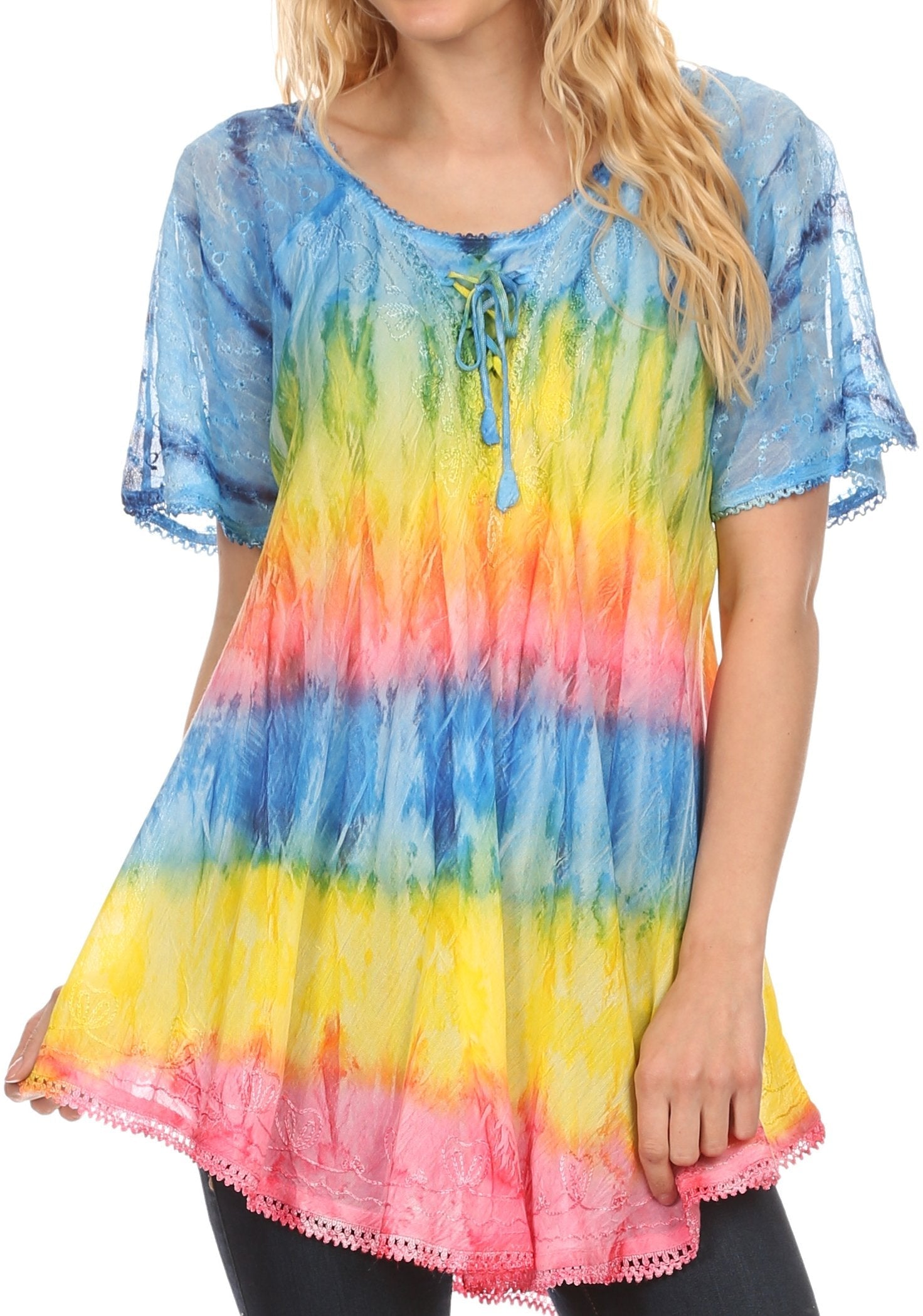 Sakkas - Monet Long Tall Tie Dye Ombre Embroidered Cap Sleeve Blouse