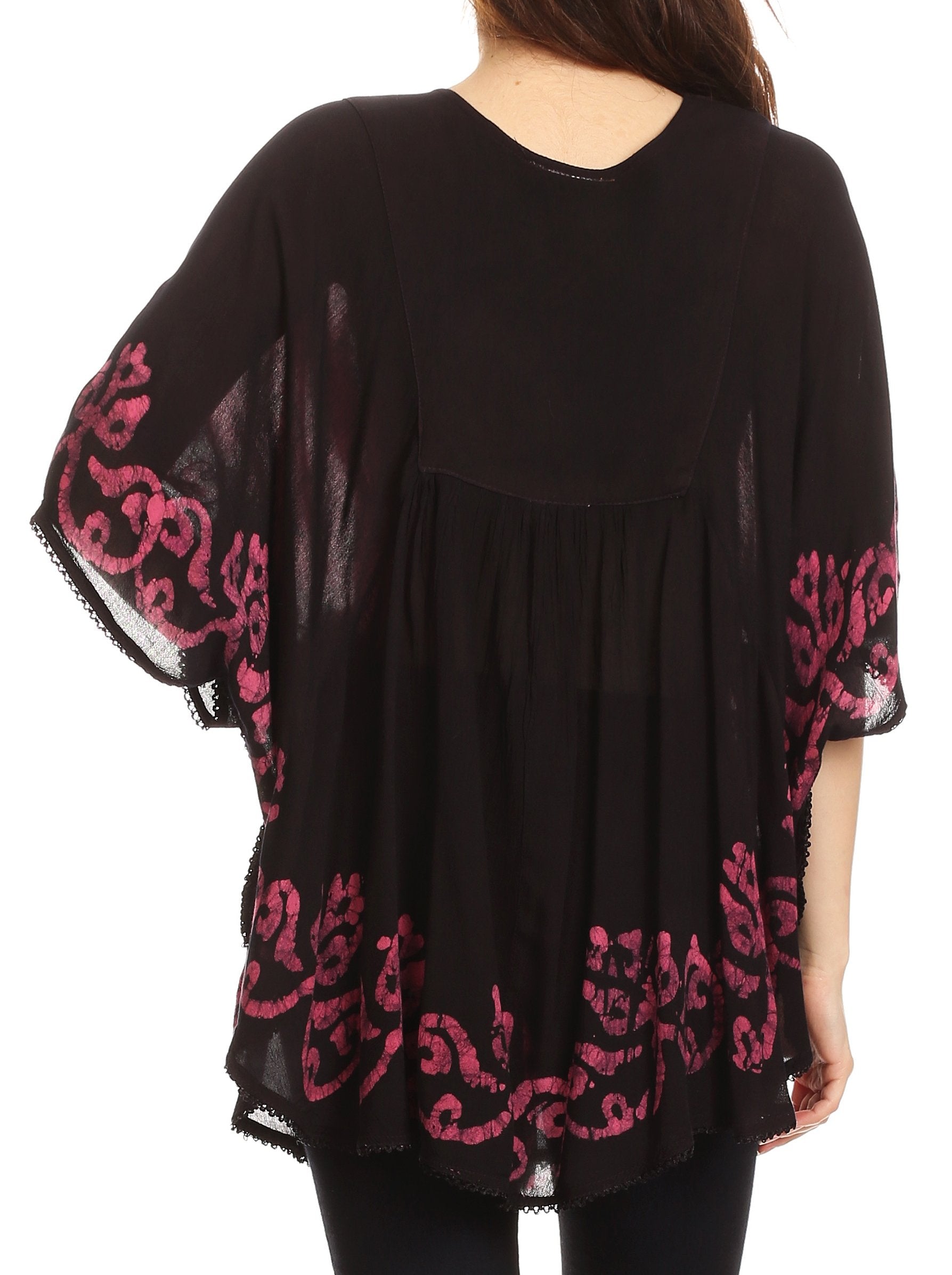 Sakkas - Lynda Two Tone Batik Embroidered Palm Tree Peasant Top / Poncho