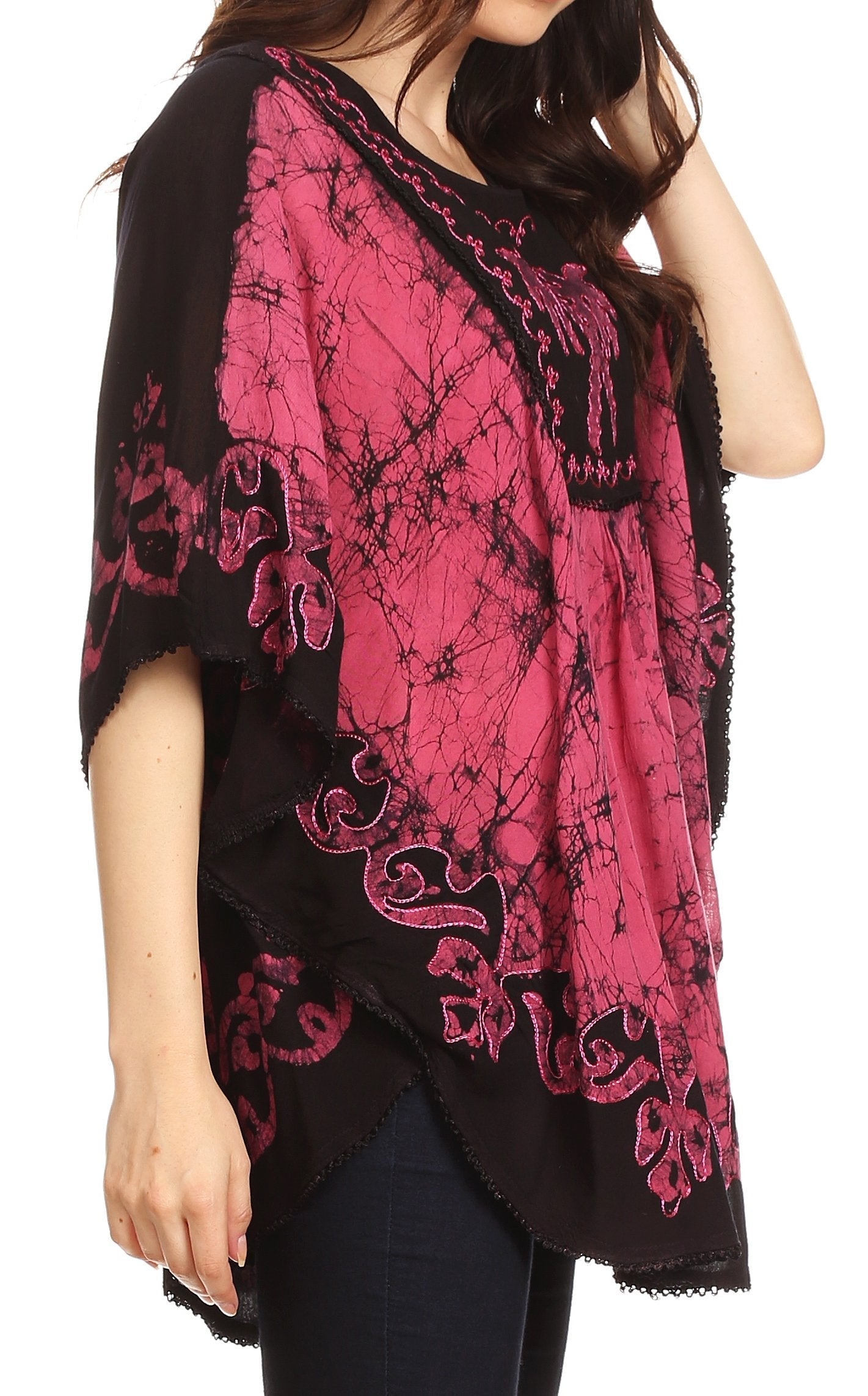 Sakkas - Lynda Two Tone Batik Embroidered Palm Tree Peasant Top / Poncho