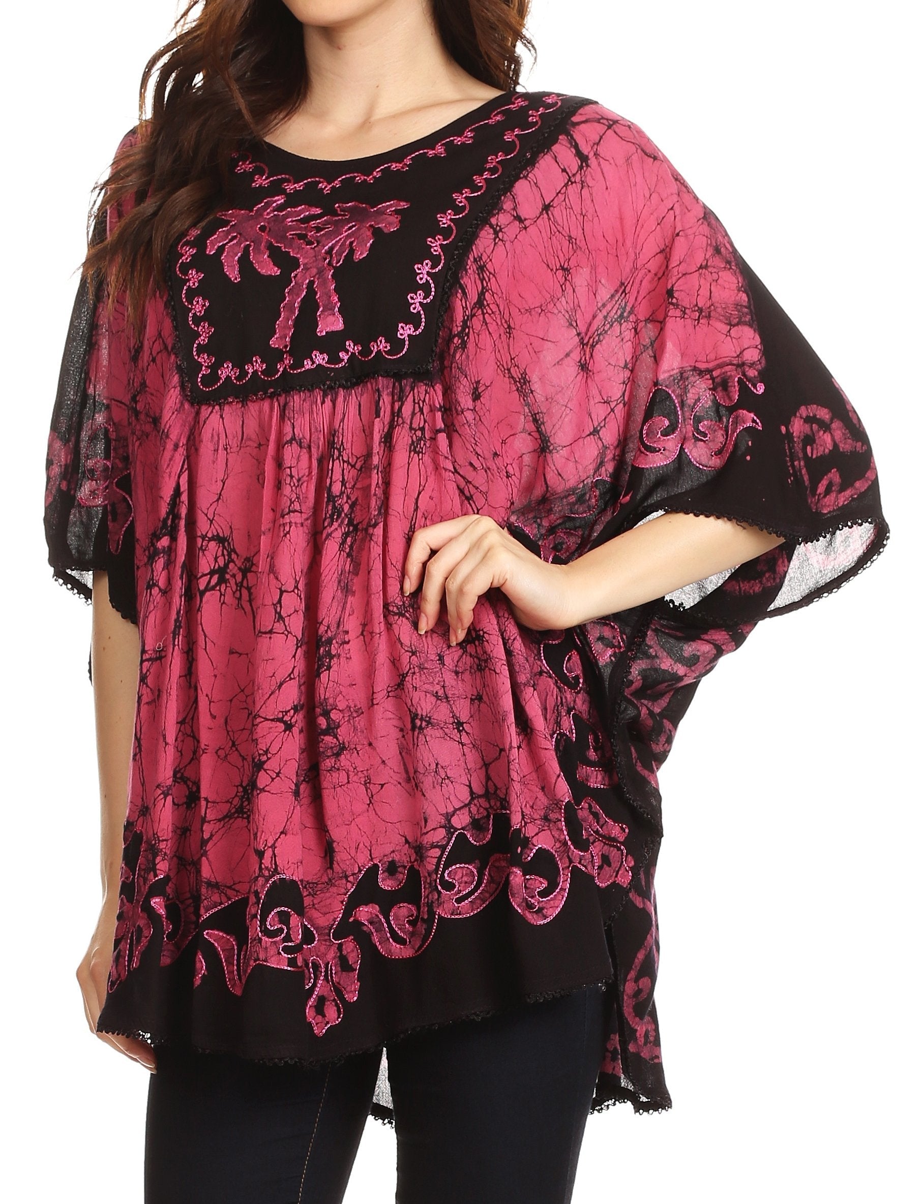 Sakkas - Lynda Two Tone Batik Embroidered Palm Tree Peasant Top / Poncho