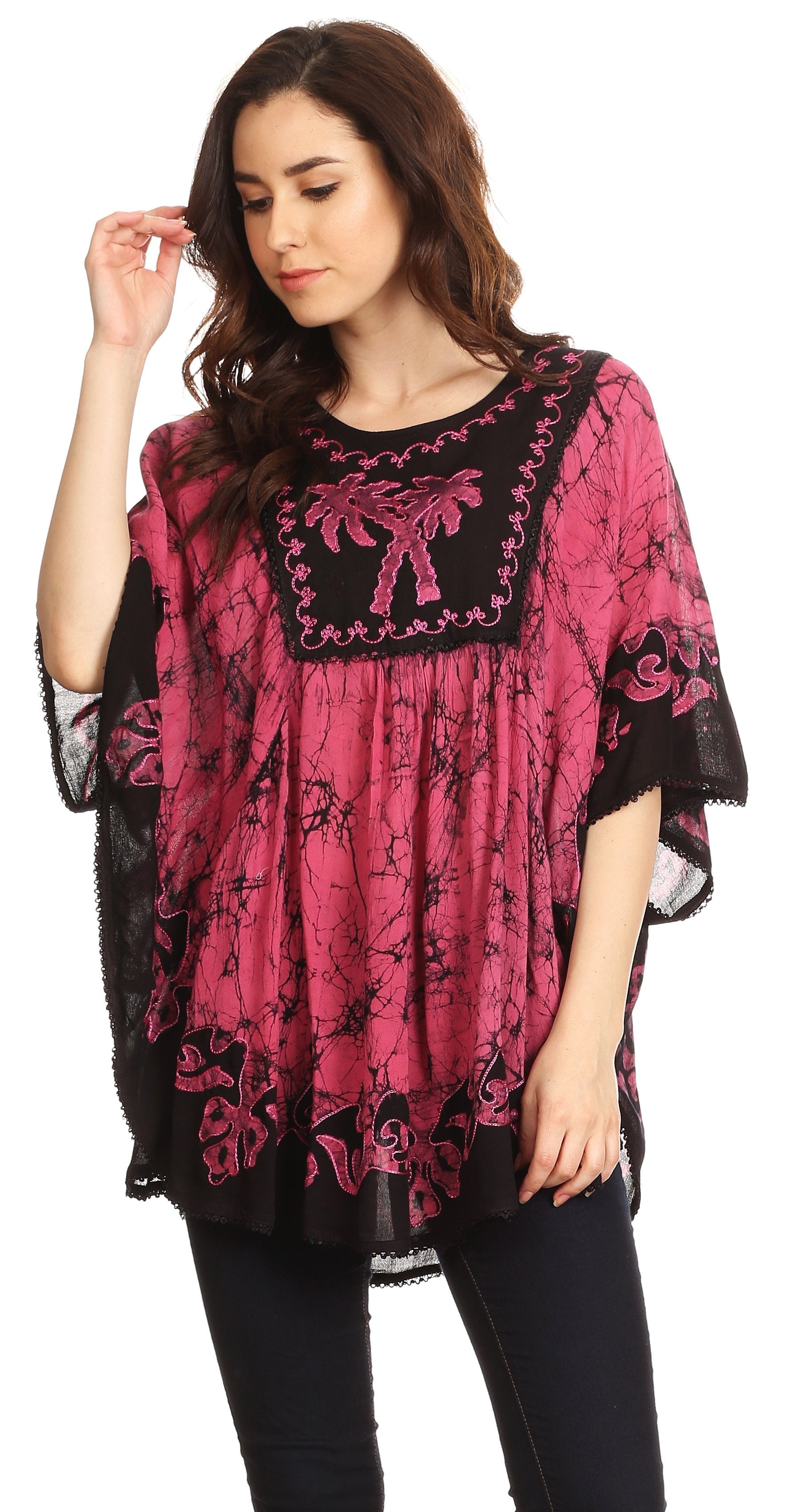 Sakkas - Lynda Two Tone Batik Embroidered Palm Tree Peasant Top / Poncho