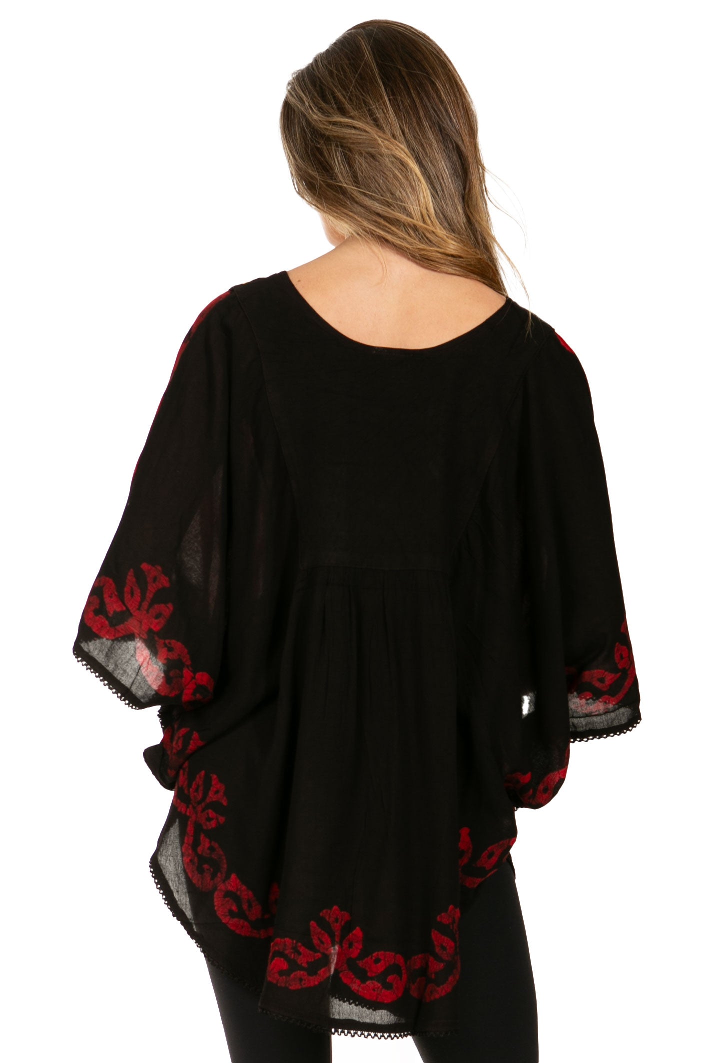 Sakkas - Lynda Two Tone Batik Embroidered Palm Tree Peasant Top / Poncho