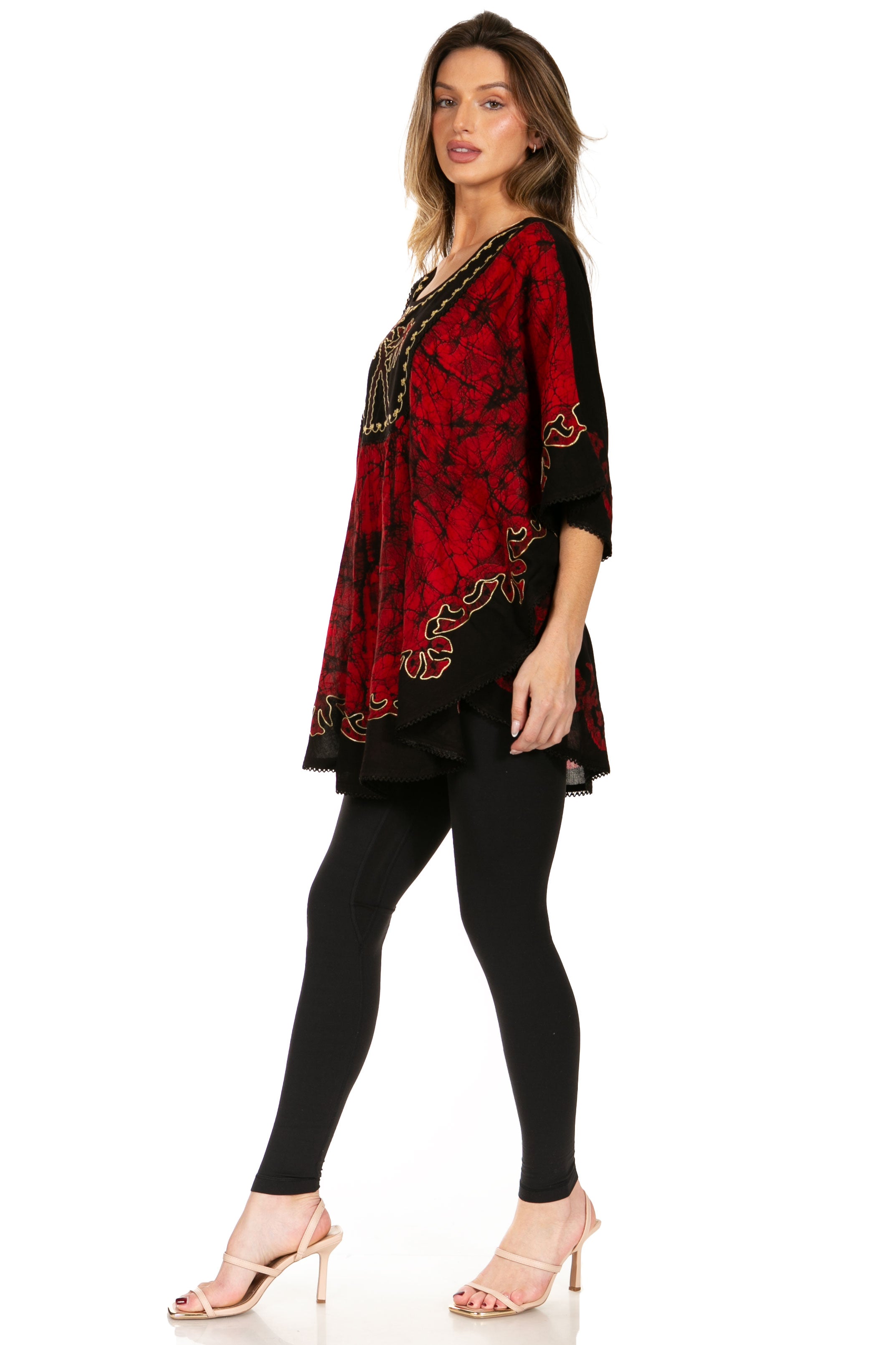 Sakkas - Lynda Two Tone Batik Embroidered Palm Tree Peasant Top / Poncho