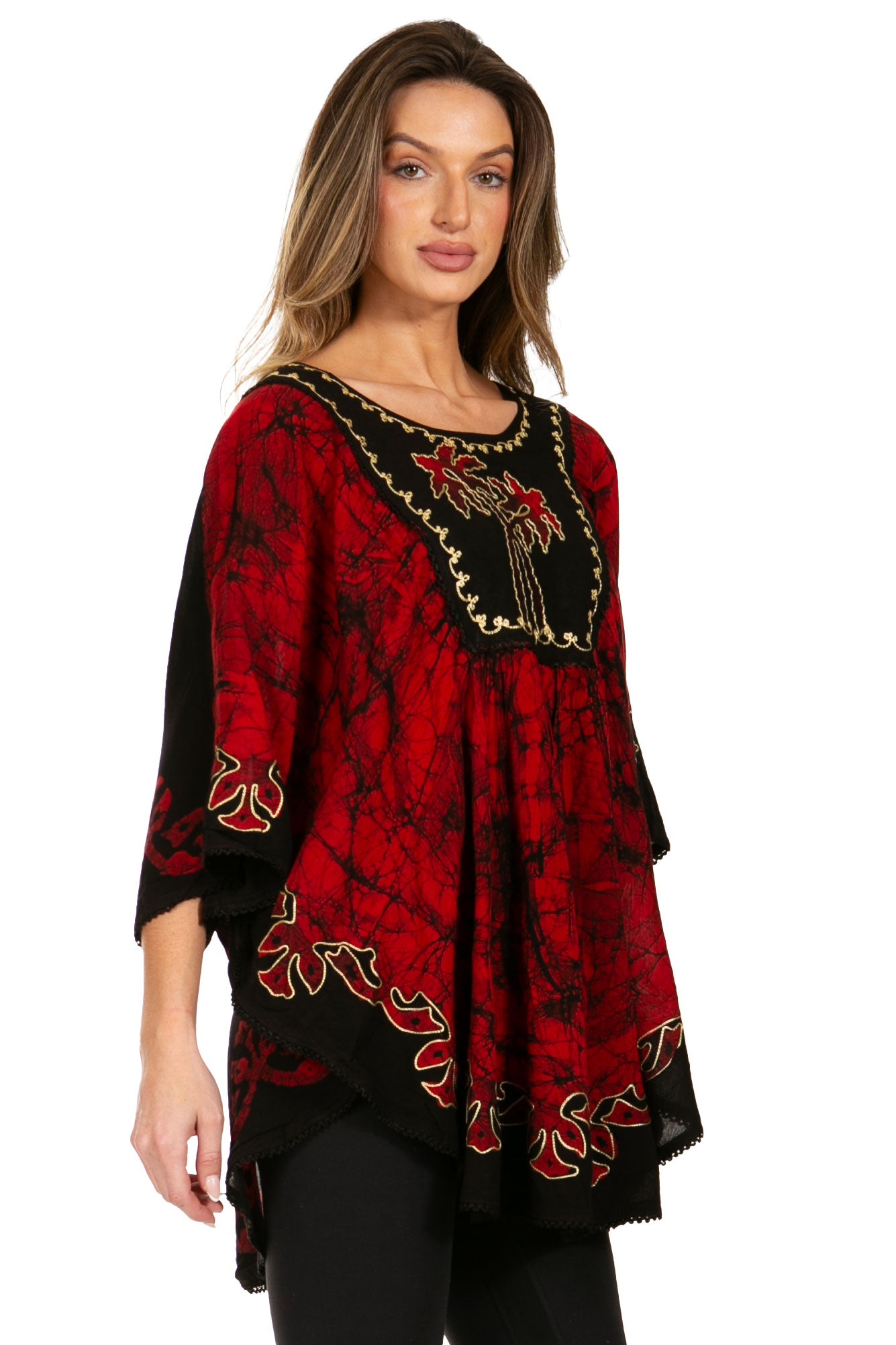 Sakkas - Lynda Two Tone Batik Embroidered Palm Tree Peasant Top / Poncho