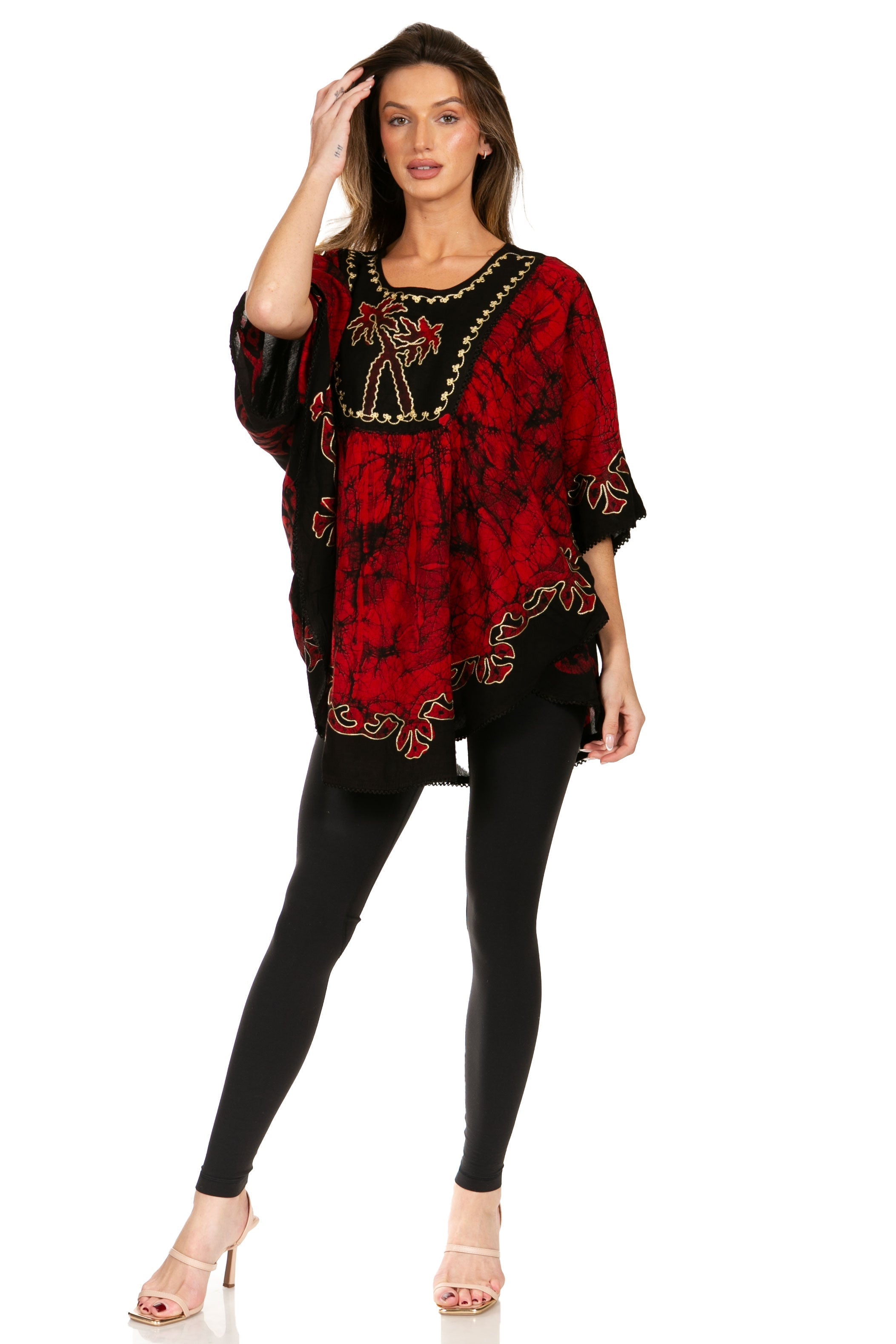 Sakkas - Lynda Two Tone Batik Embroidered Palm Tree Peasant Top / Poncho