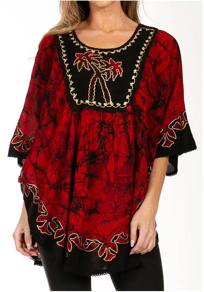 Sakkas - Lynda Two Tone Batik Embroidered Palm Tree Peasant Top / Poncho