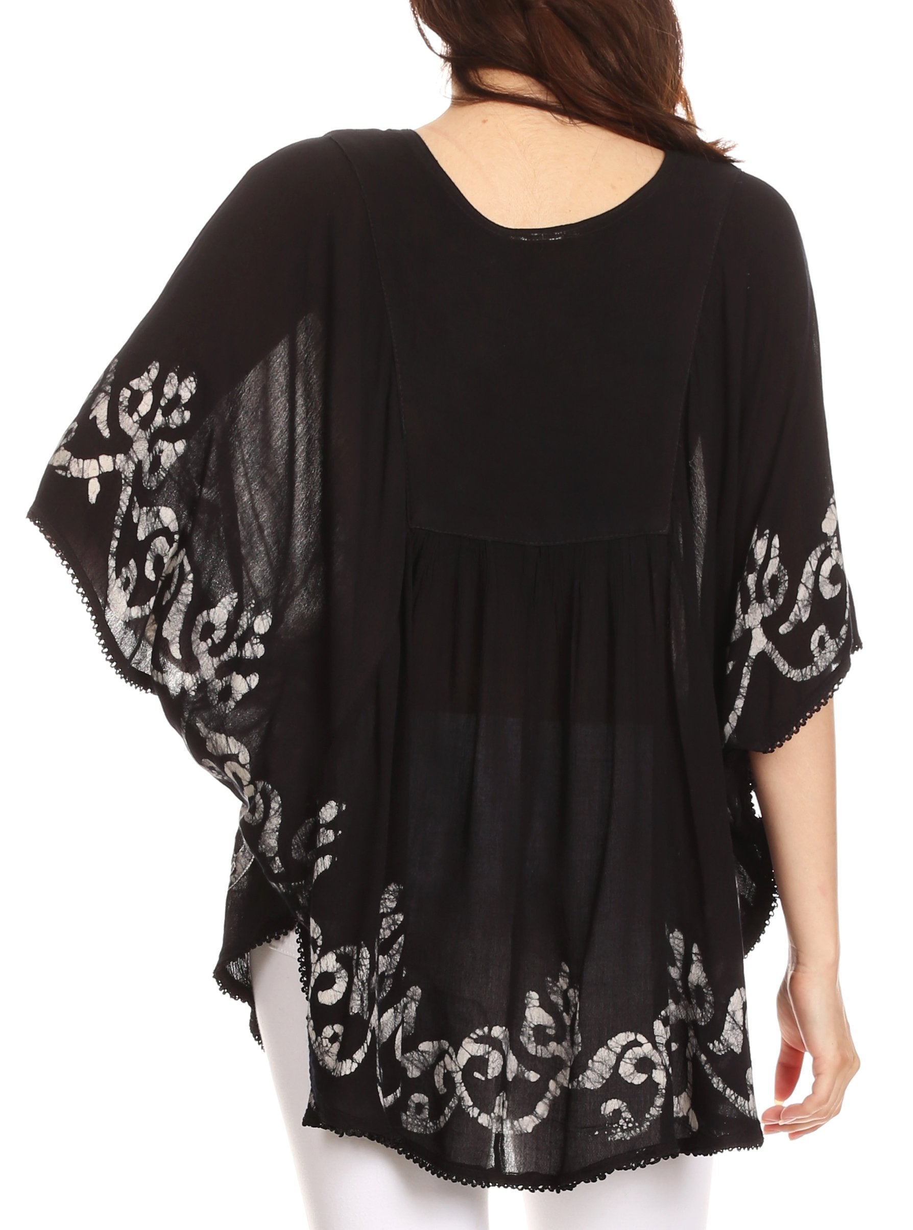 Sakkas - Lynda Two Tone Batik Embroidered Palm Tree Peasant Top / Poncho