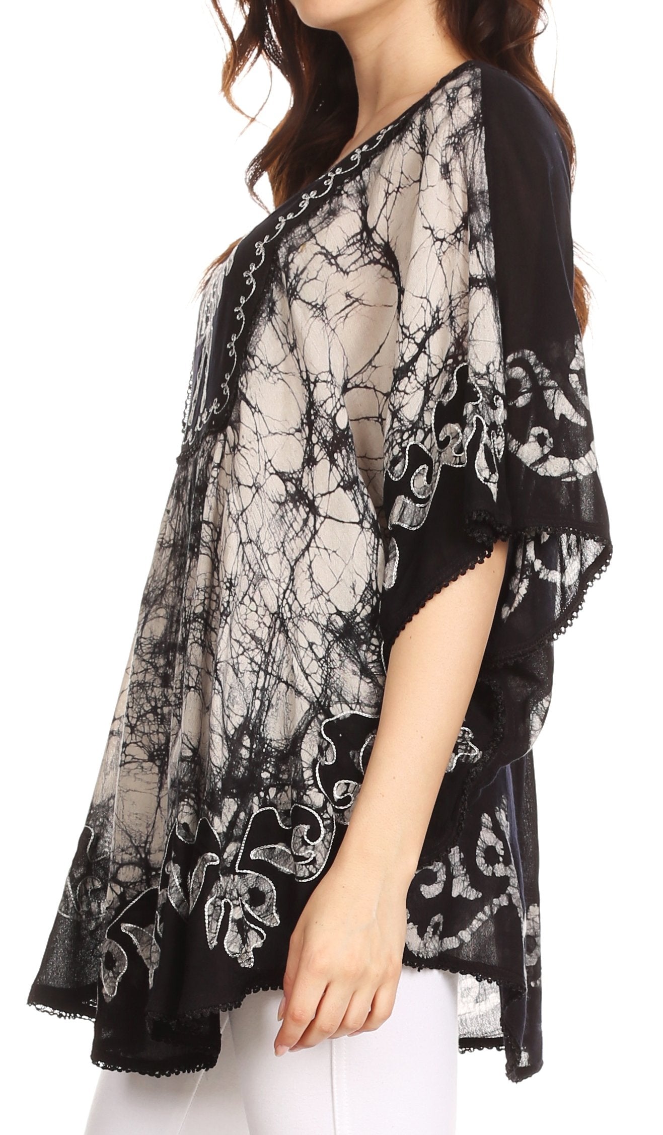 Sakkas - Lynda Two Tone Batik Embroidered Palm Tree Peasant Top / Poncho