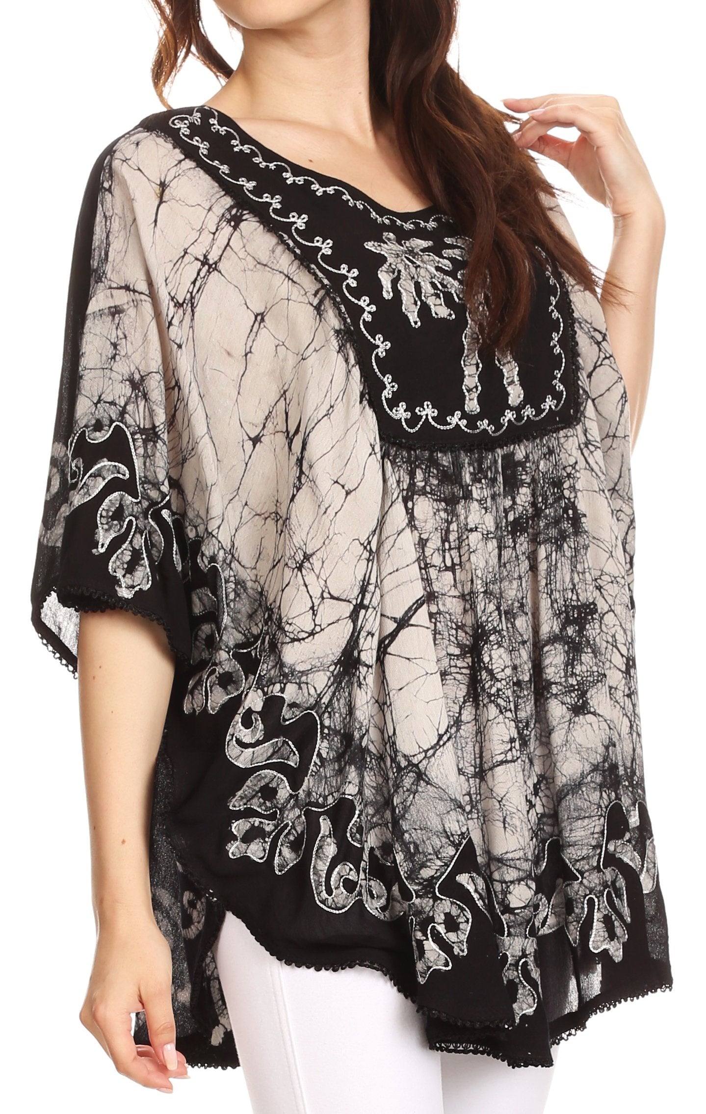 Sakkas - Lynda Two Tone Batik Embroidered Palm Tree Peasant Top / Poncho