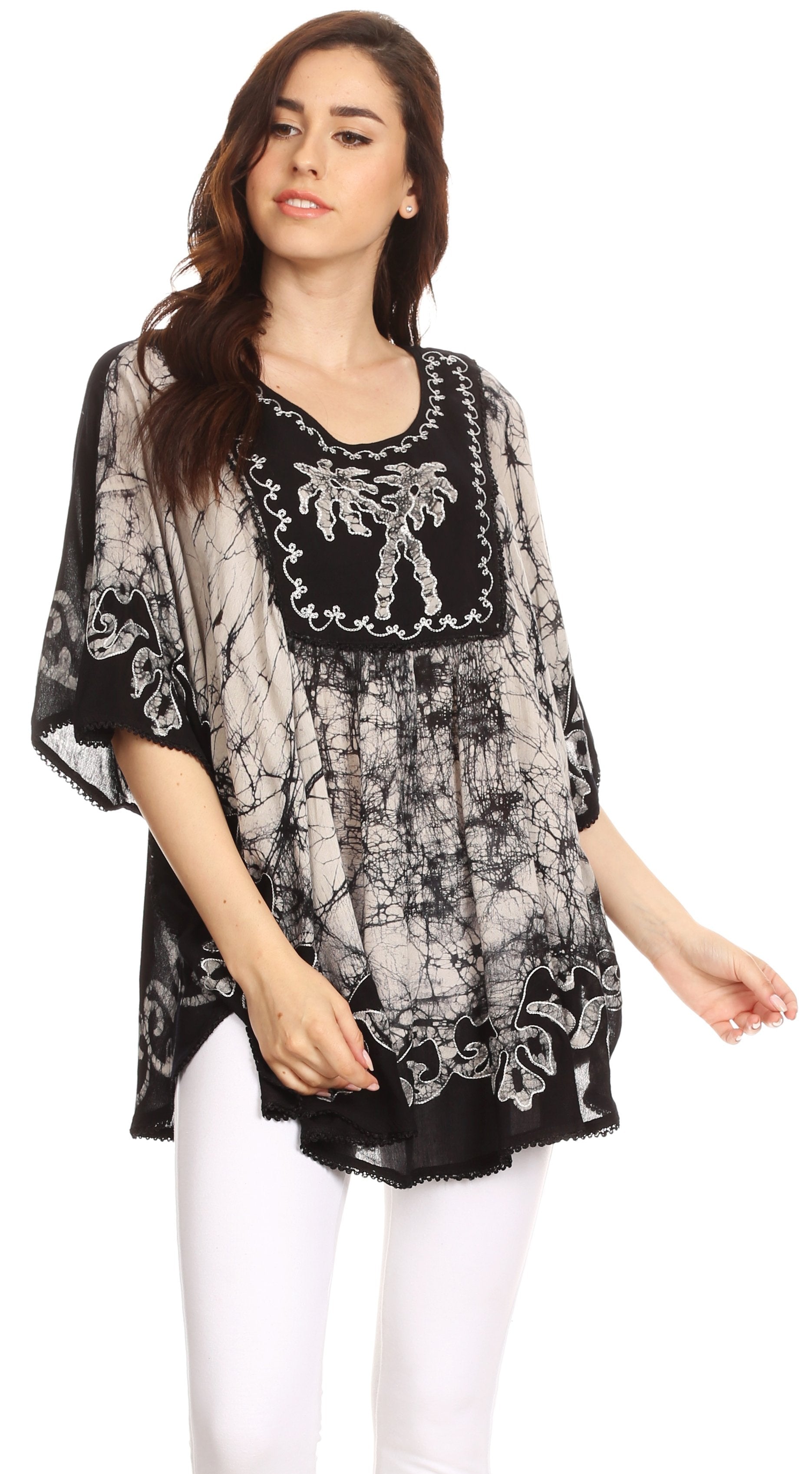 Sakkas - Lynda Two Tone Batik Embroidered Palm Tree Peasant Top / Poncho